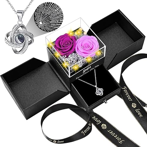 2 Rosa Preservada de Regalo para Mujeres - Rosa Eterna con Collar "Te Amo" - Regalos Románticos de Cumpleaños para Novia, Mamá, Esposa, Abuela en