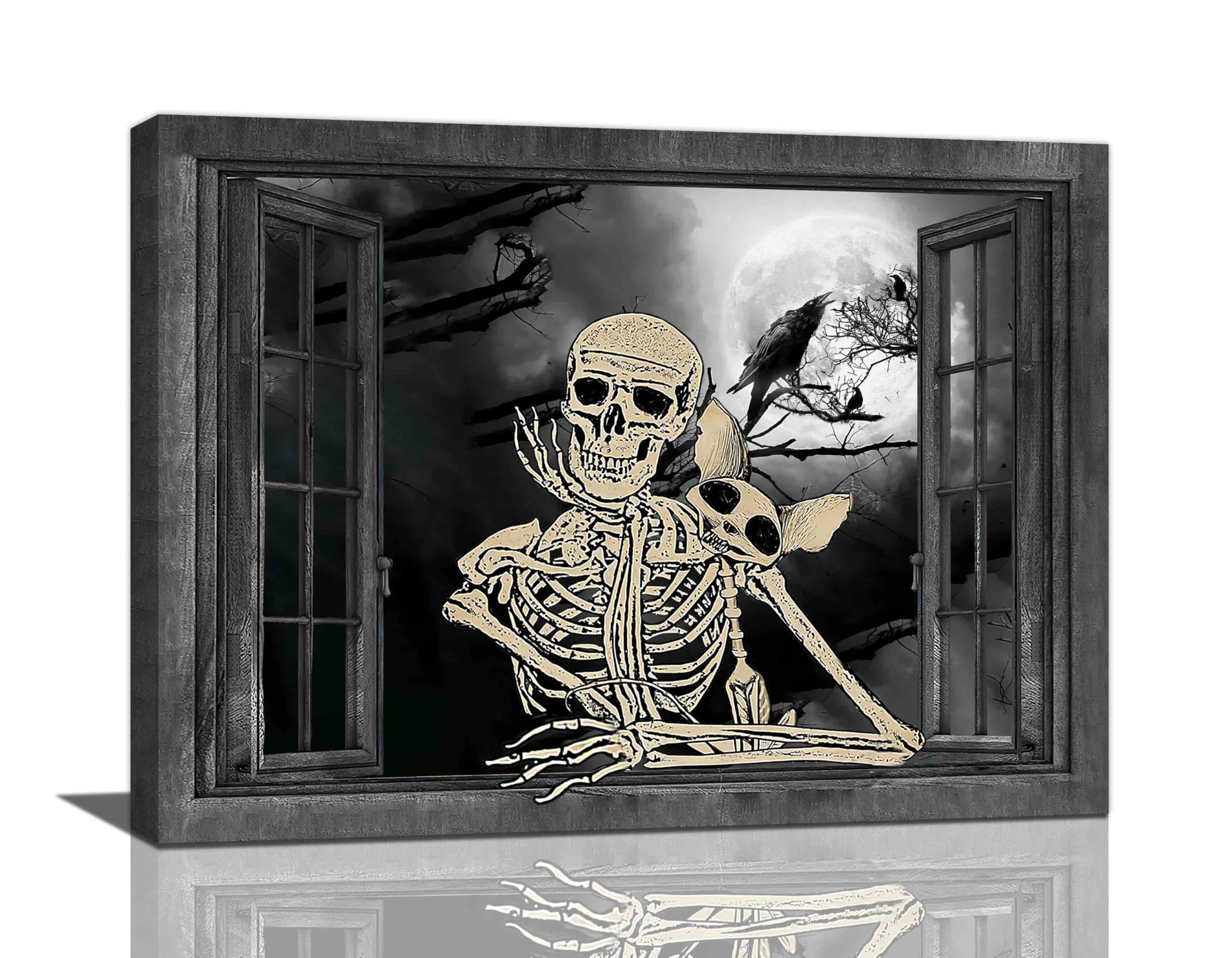 Retro Gothic Skull Bathroom Decor Wall Art Funny Skeleton Black and White Pictures Wall Decor Modern Goth Home Halloween Dark Style Canvas Prints