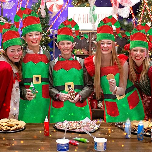 Miniatura 7 de Juego de disfraz de elfo de Navidad de 6 piezas para mujer, incluye delantal de elfo, sombrero largo, medias, orejas de elfo para fiesta de Navidad,
