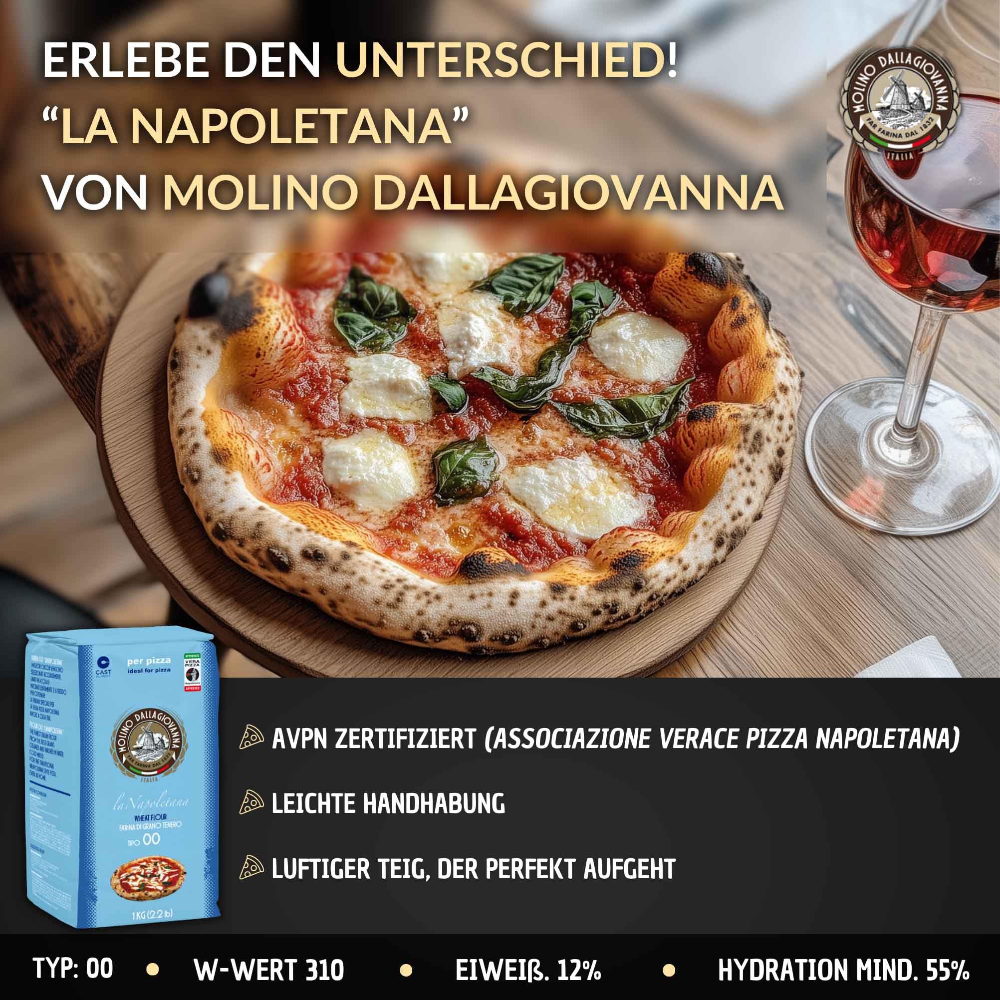 DELICRET - "La Napoletana'' Pizzamehl (12% Eiweiß) von Molino Dallagiovanna Typ 00 - mit Pizza Rezeptguide (10kg)