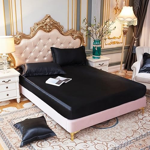 Miniatura 1 de FCLDESHOP Sábana bajera suave sábana bajera de microfibra cepillada de satén sedoso de color sólido funda de colchón de bolsillo profundo para cama