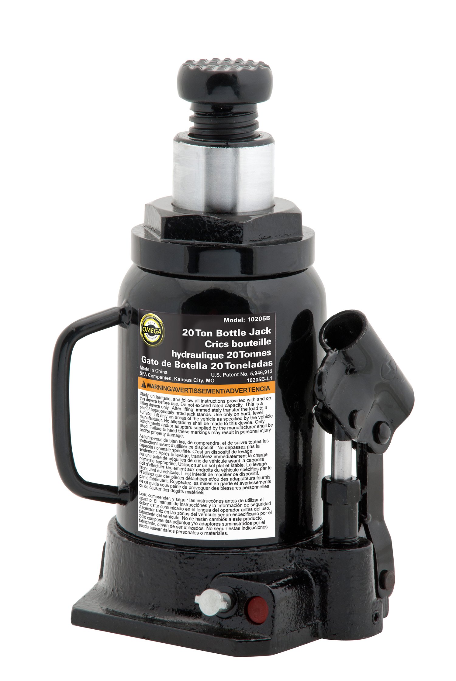 Omega 10205B Black Hydraulic Bottle Jack - 20 Ton Capacity