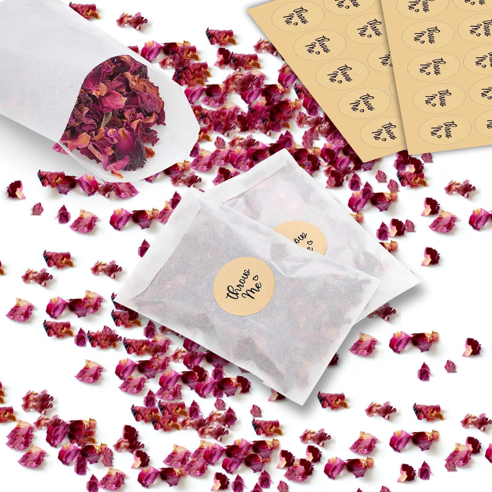Mbsomnus 50 Juegos Petalos de Rosa Naturales 150 g Flores Secas Boda 50 Bolsas de Papel Confetti 50 Calcomanías Confeti de Boda Pétalos Flores Biodegradables para Bodas Propuestas Celebraciones