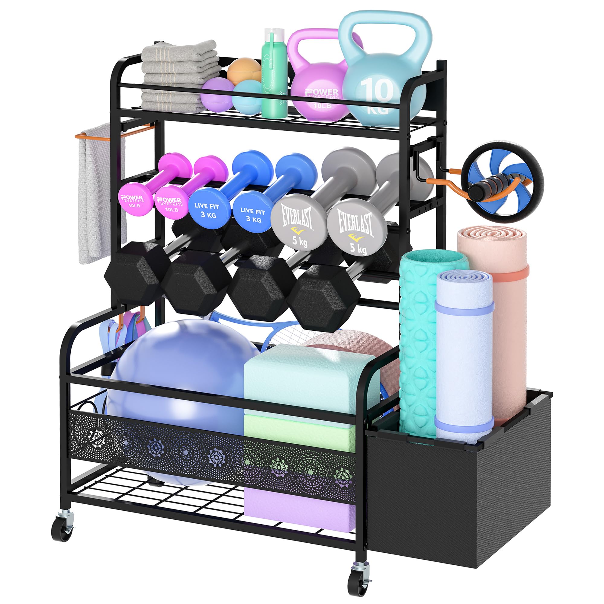 MESHDO Weight Rack for Dumbbells, Home Gym Storage for Dumbbells Yoga Mat Kettlebells and Balls, All in One Workout Equipment Storage with Wheels and Hooks