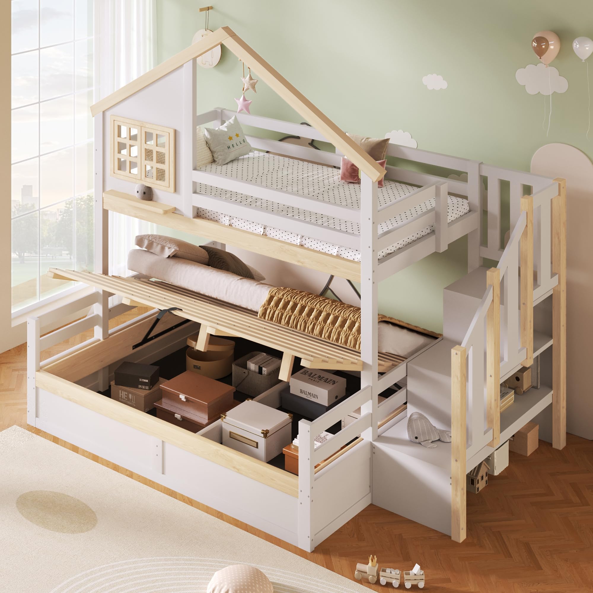 Soweiz Letto a castello, 90 x 200 cm, idraulico, con sponda, vano portaoggetti sotto il letto, decorazione per finestre e casa (bianco + naturale, 140 x 200 cm)