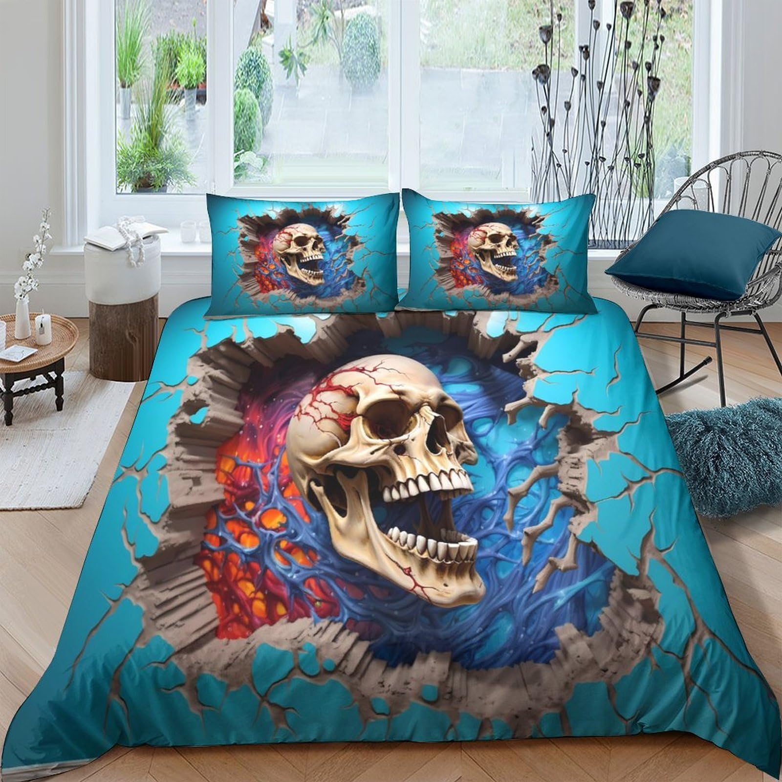 Ctjqhvkz Style-2 3D Printed Skull Explosion Fitted Sheet Microfiber Soft Breathable Fire Ice Bed Cover For Bedroom Decor Dorm Single（135X200cm）