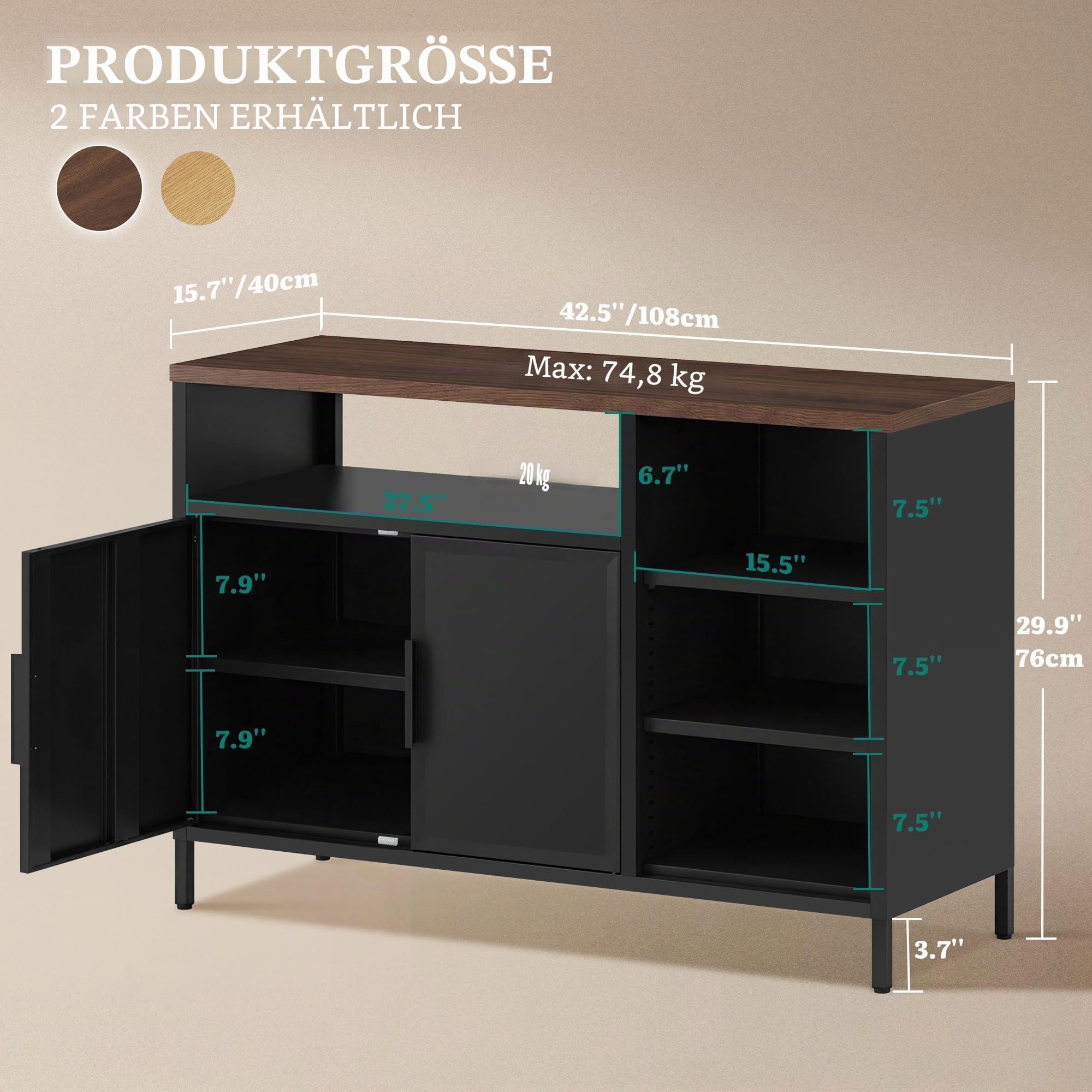 YITAHOME Küchenschrank Vorratsschrank, Metallschrank mit Türen, 108 cm | Sideboard Aufbewahrungsschrank, Kitchen Cabinet, Küchenmöbel, Küchenschränke einzeln, 6 Regale, Stahl-Holz