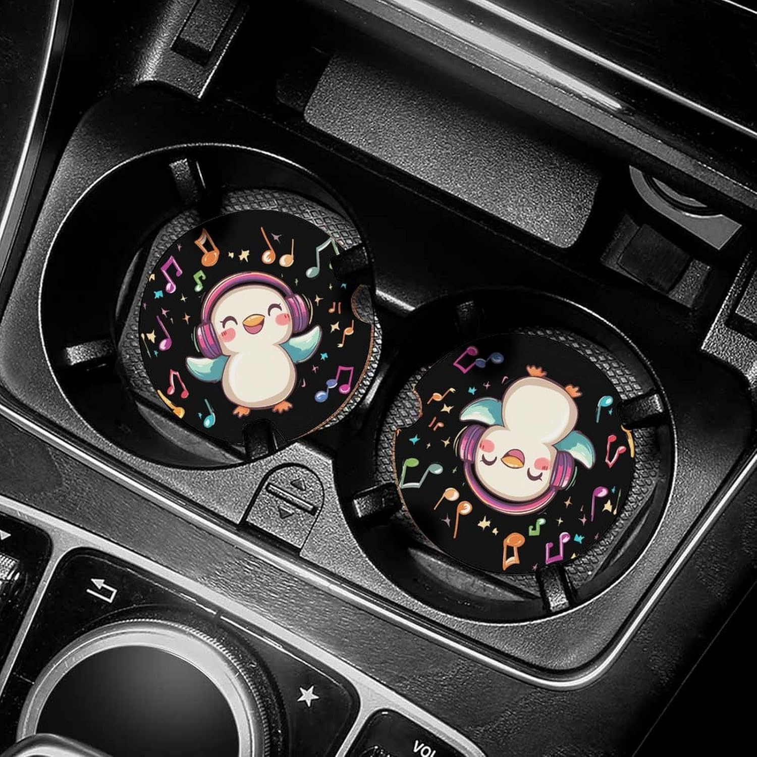 Duck Loves Music Car Cup Holder Coaster with Cork Base 2.6 Inches Anti Slip | Absorbent Cute Car Accessories Interior Fashion Decor with Finger Notch