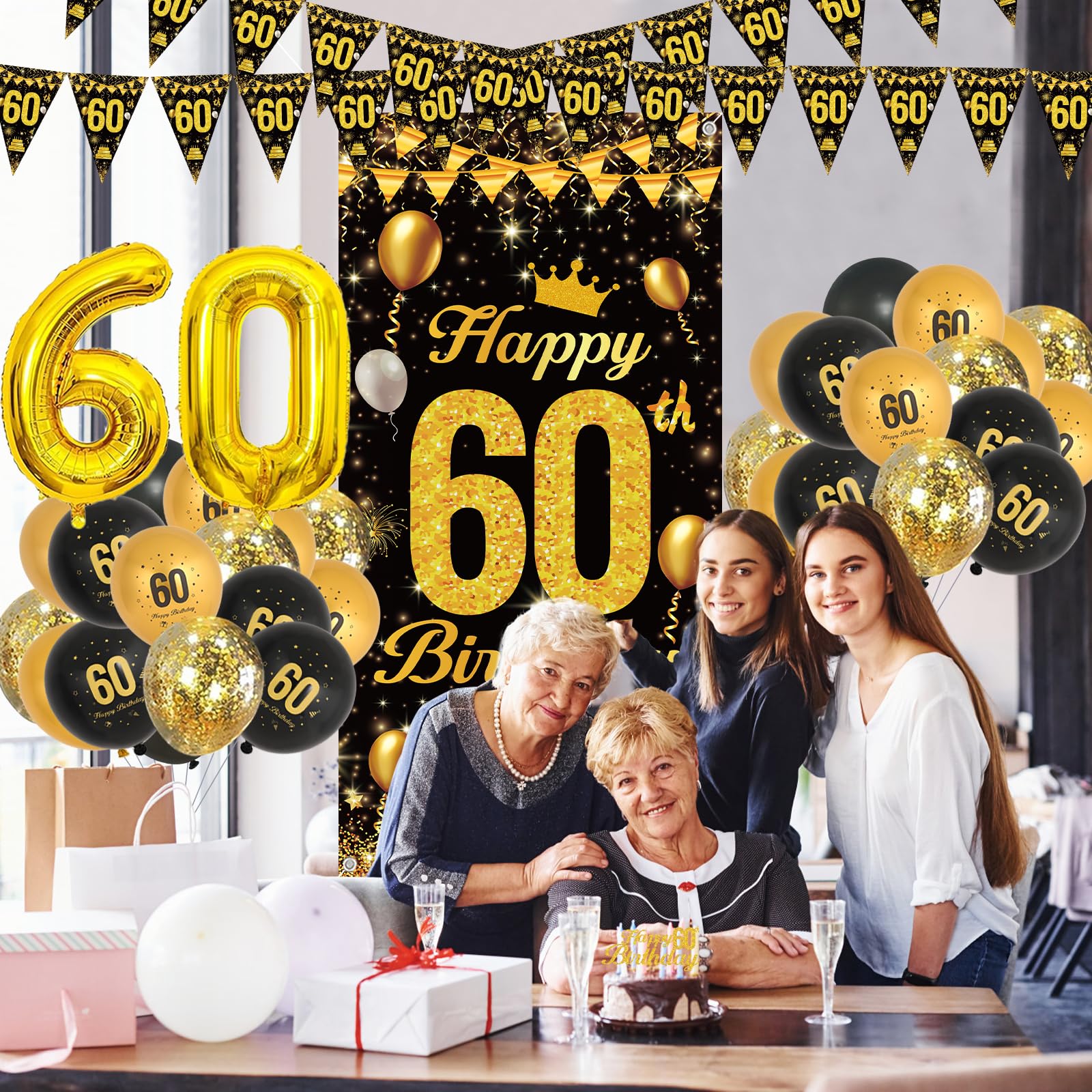 60e verjaardag decoraties set - zwart en goud feestartikelen