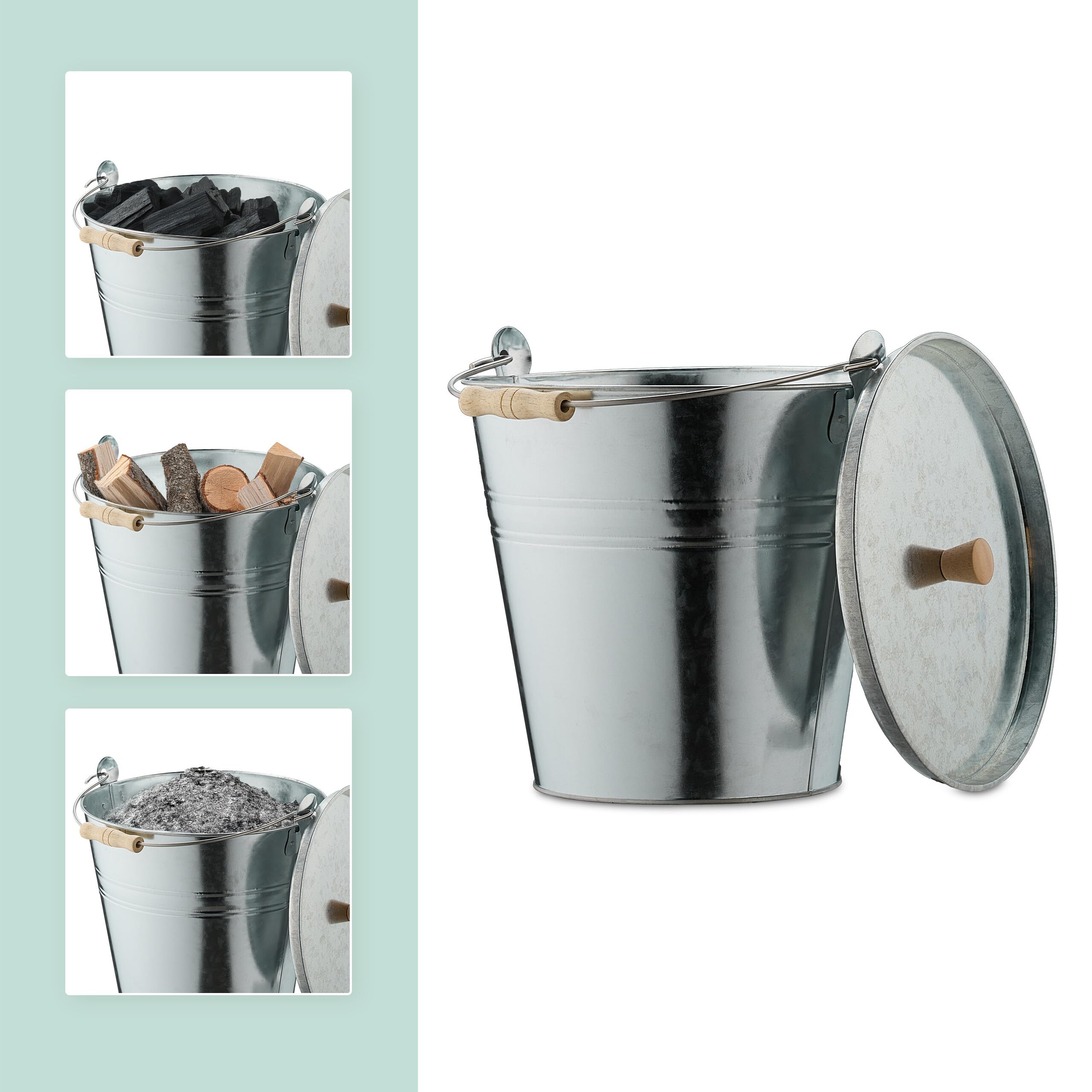 Relaxdays Secchio Raccogli Cenere con Coperchio, Cestello 12,5 L, Carbone e Bricchetti Camino e Stufa, Acciaio, Argento