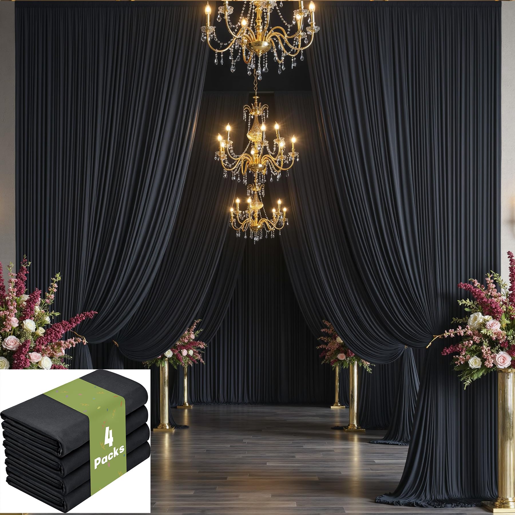 20ft x 15ft Black Backdrop Curtain for Parties, Wrinkle Free Polyester 4 Panels 5x15ft Photo Backdrop Drapes Back Drop Cloth for Wedding Birthday