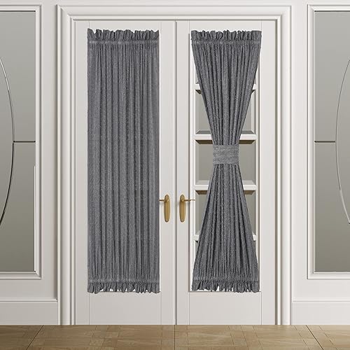 Cortinas elegantes para puerta francesa, con pompones, textura de lino corta y brillante, cortina de gasa semitransparente, incluye alzapaños para