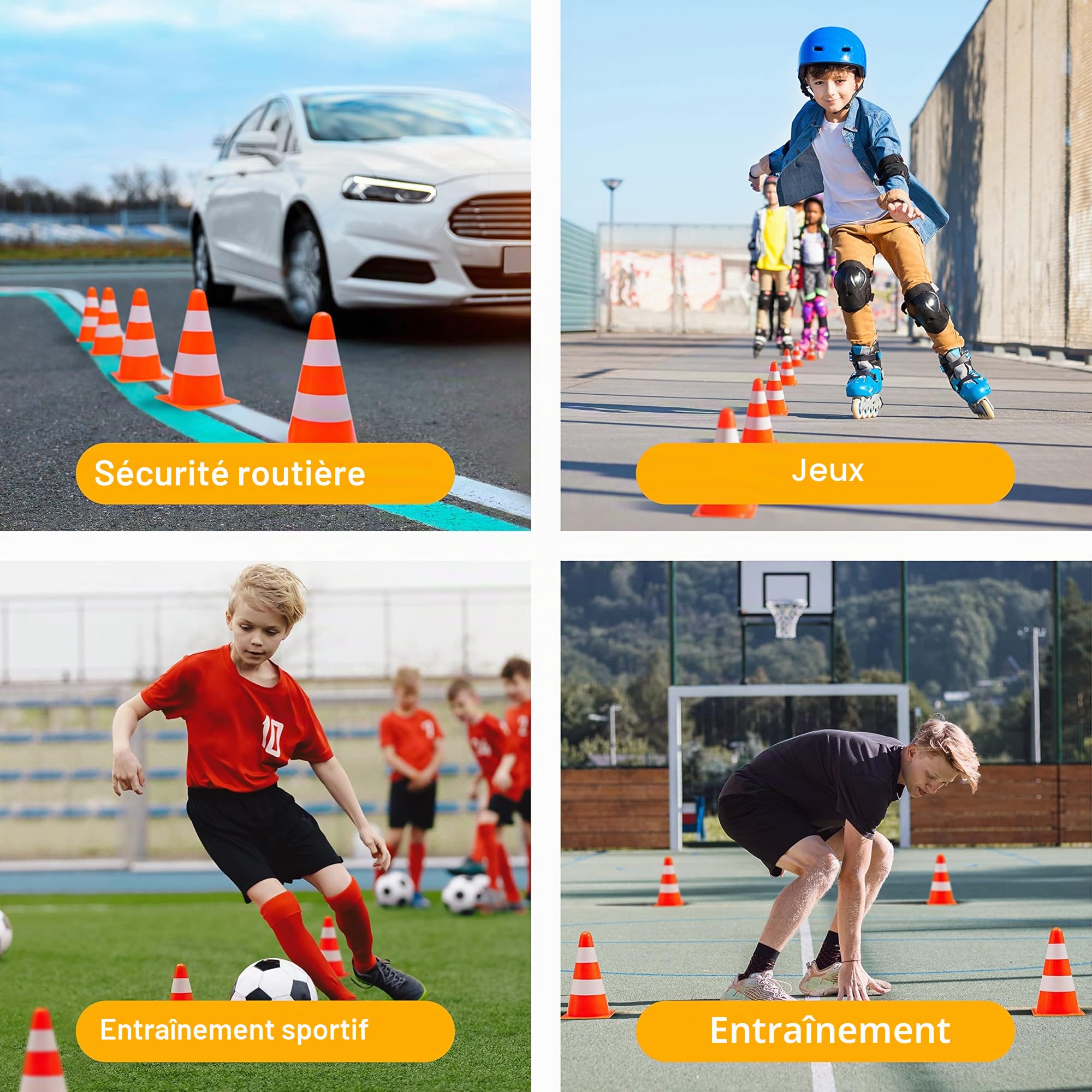 BRAMBLE 12 Cônes de Signalisation, Plot, Cônes Circulation (23cm) - Cônes de Sécurité avec Bandes Réfléchissantes - Sport, Football, Jeux Enfants, Entrainement de Chien