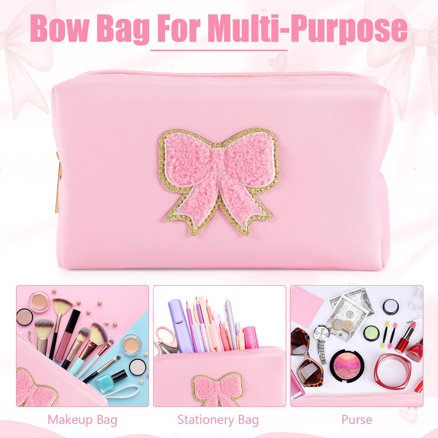 6 Pcs Pink Bow Makeup Bags PU Leather Cosmetic Bag Make up Toiletry Pouch Bulk Portable Travel Organizers Case Cute Coquette Stuff for Girls Women Bachelorette Birthday Party Gifts (01 Pink)