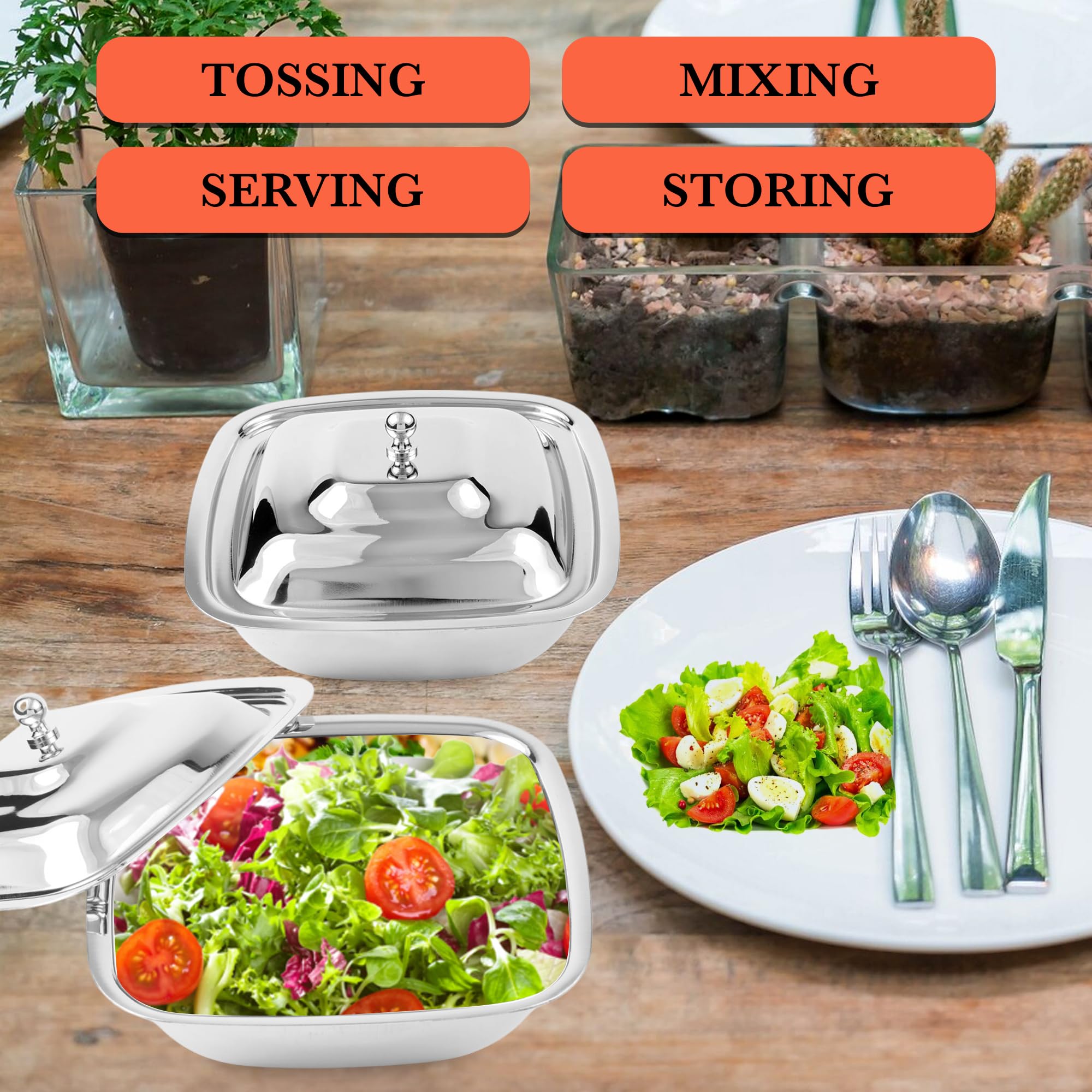 CRAFTONE Juego de 3 cuencos cuadrados de acero inoxidable con tapa, ideales para hornear y servir ensaladas, arroz, postre, juego de cuencos de almacenamiento de alimentos (20 onzas, 30 onzas y 35