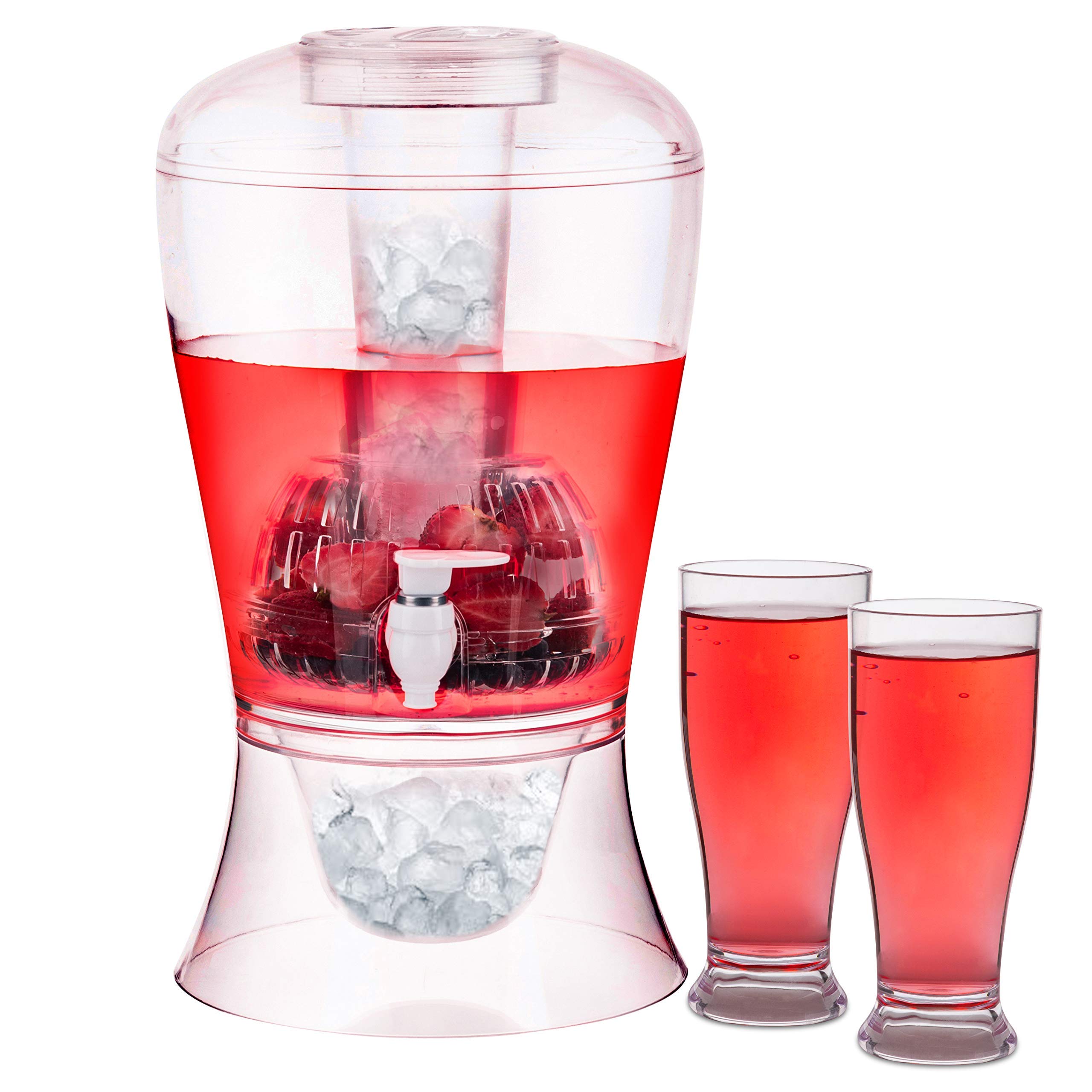Homeries Large Beverage Dispenser (2 Gallon) Stand & Two Acrylic Cups – Ice Base & Core – Shatterproof Acrylic Drink Dispenser for Lemonade, Iced Tea, Juice, Fruit Infusions & Beer – BPA FREE,