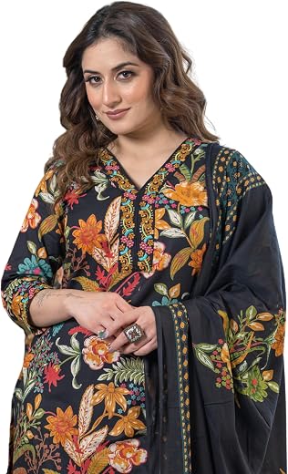 Arayna Women’s Pure Cotton Floral Kurta Set with Pants & Dupatta | Embroidered V-Neck Ethnic Suit