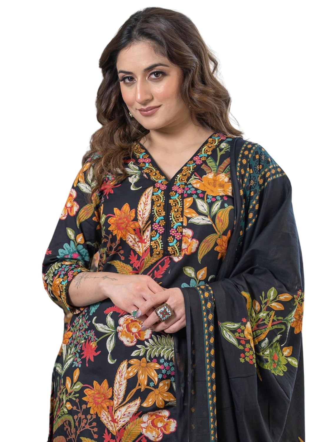 Arayna Women’s Pure Cotton Floral Kurta Set with Pants & Dupatta | Embroidered V-Neck Ethnic Suit Arayna Women’s Pure Cotton Floral Kurta Set with Pants & Dupatta | Embroidered V-Neck Ethnic Suit