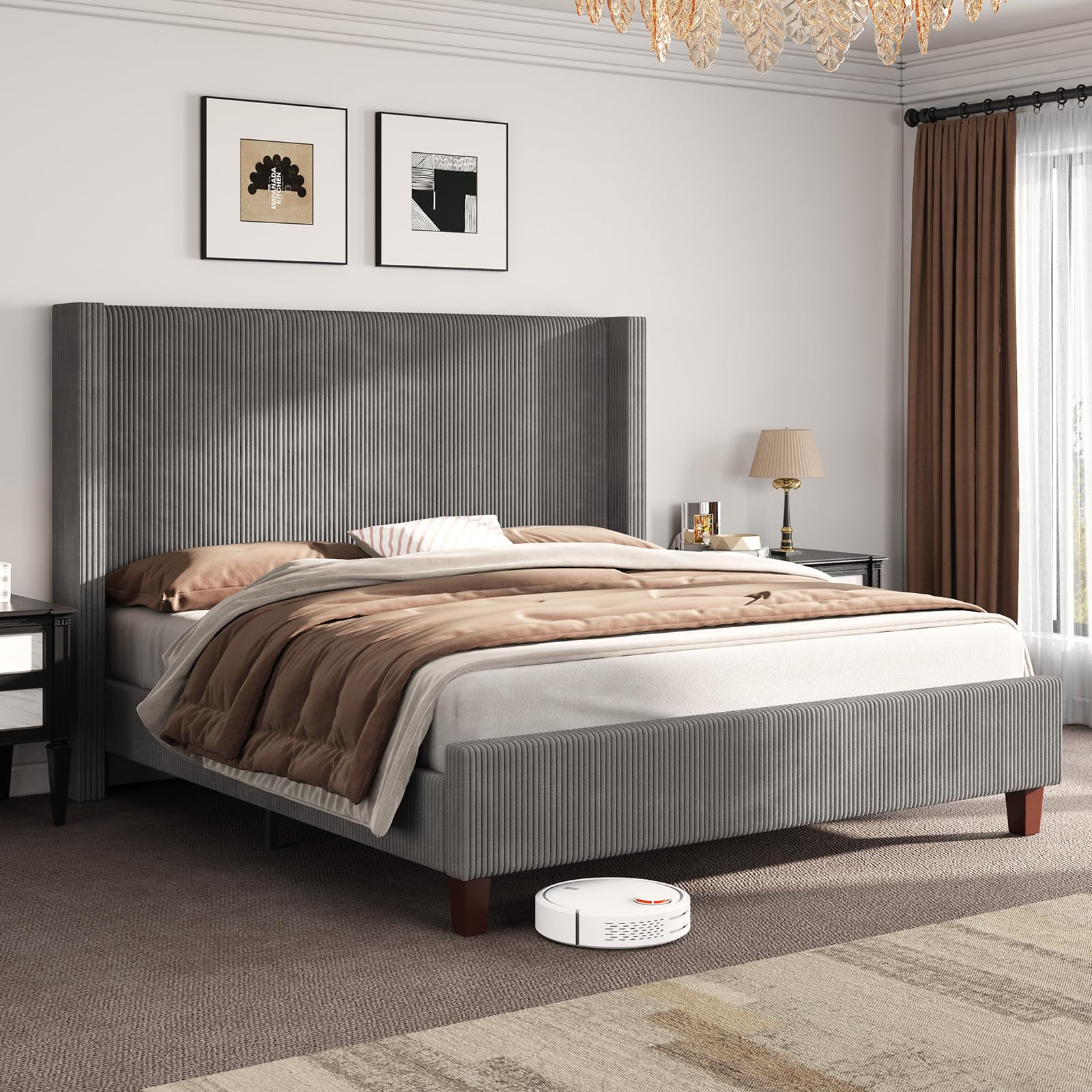 AMERLIFE Queen Size Upholstered Bed Frame with 50.8" Tall Headboard, Wingback Platform Bed with Solid Wood Legs, Wooden Slats, Corduroy/No Box Spring Needed/Noise Free/Greige