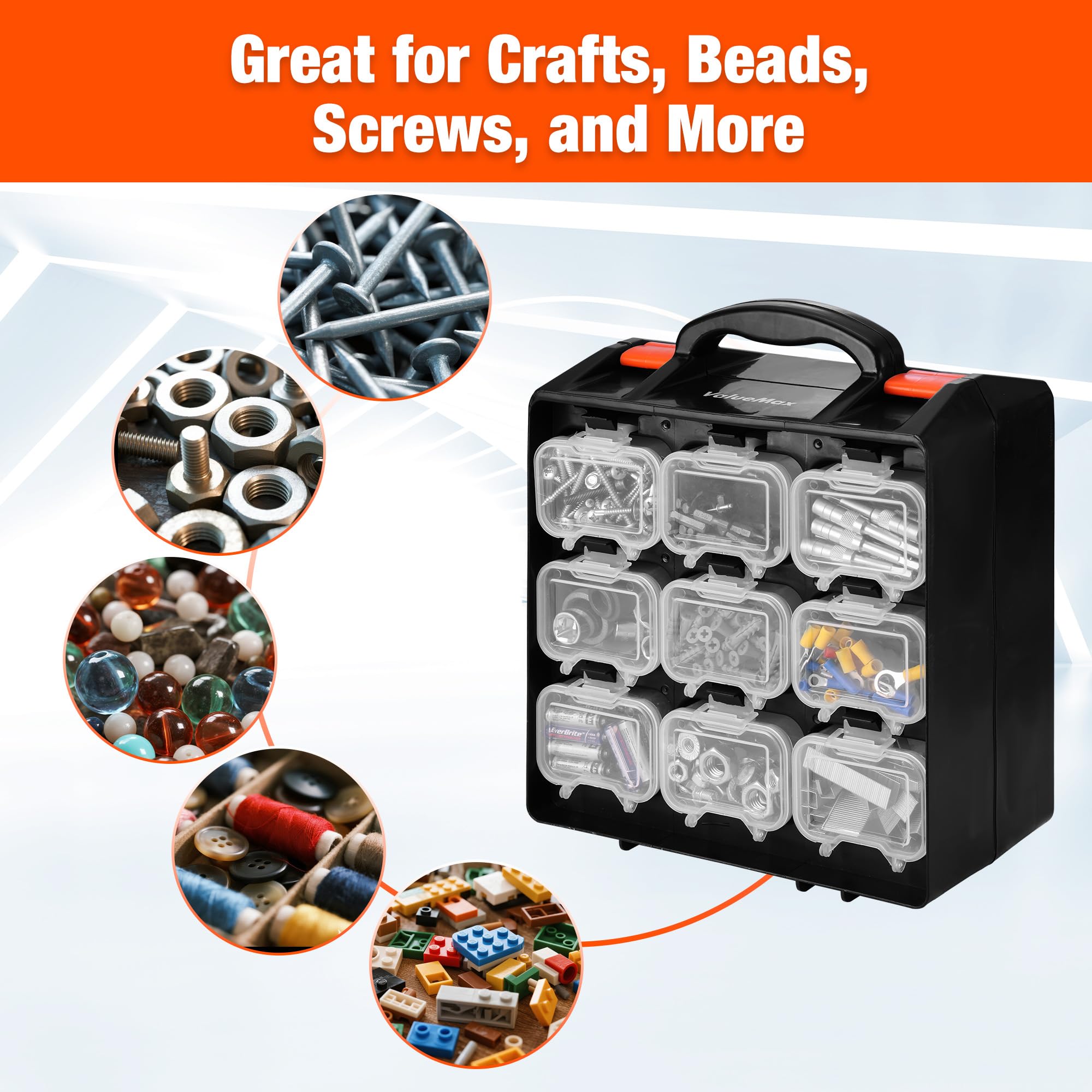 ValueMax Scatola organizer per piccole parti, cassetta degli attrezzi su entrambi i lati con 18 contenitori rimovibili, custodia portatile per viti e parti per dadi, bulloni e hardware