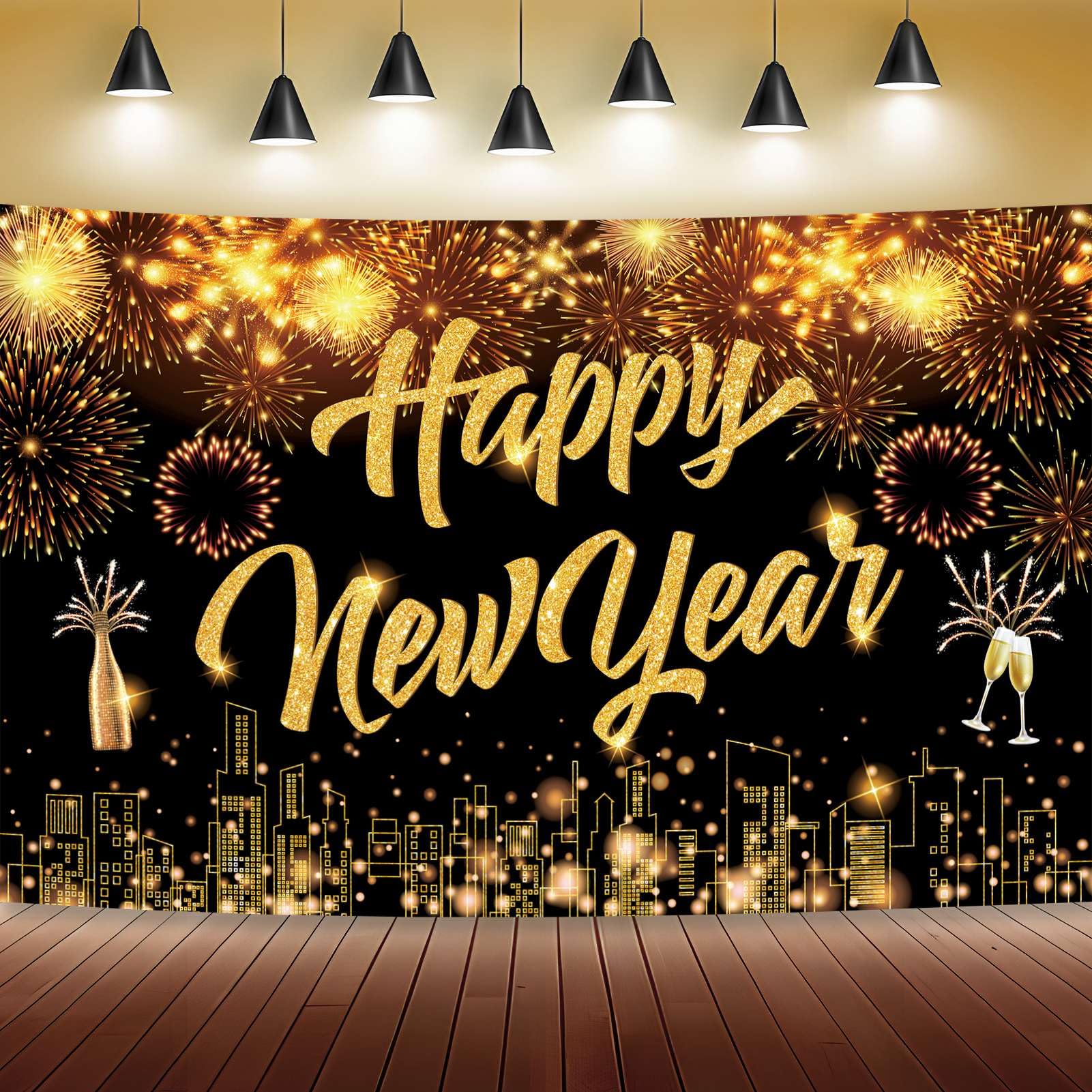Large 2026 Happy New Year Backdrop, 72x44 Inch Black Gold Fabric Happy New Year Banner Sign Champagne Fireworks for Celebrate New Year Party New Year
