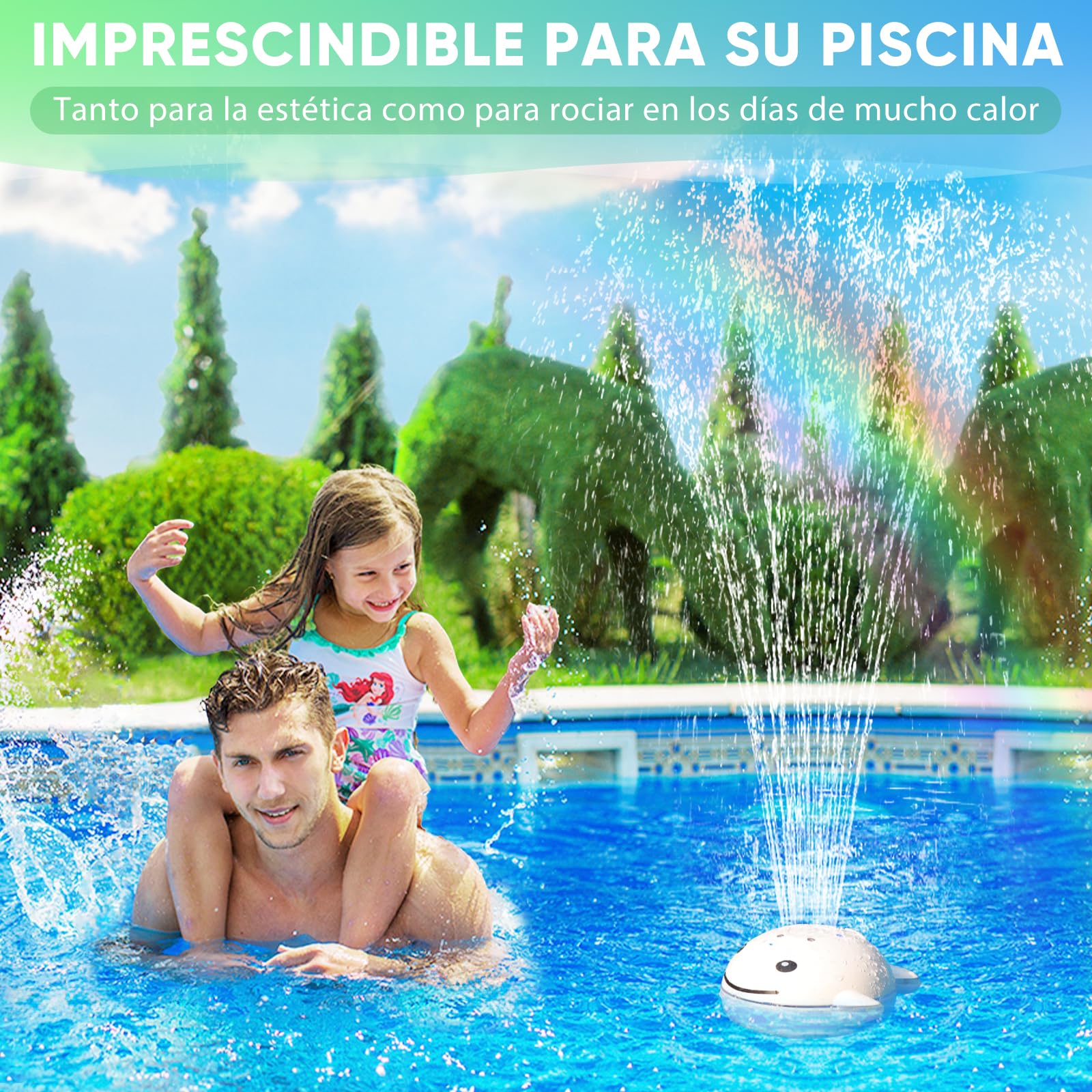 DeeprBling Fuente Flotante para Piscina con Espectáculo de Luces Subacuáticas, Fuente para Piscina Recargable, 2 Modos de Pulverización con Botones y Control Remoto, 7 Modos de Luz & Temporizador