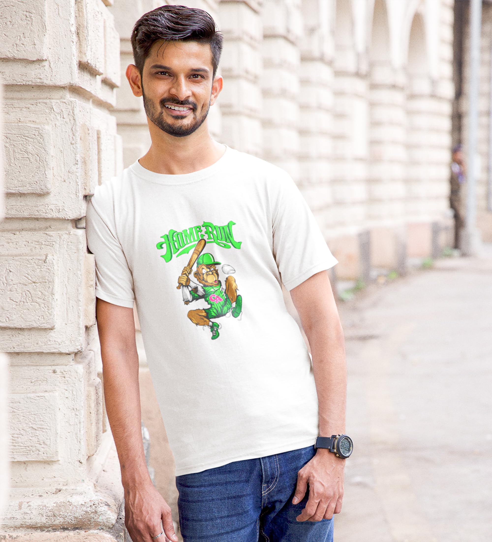 NeviCollections Baseball Monkey White Round Neck Cotton Half Sleeved Thirt with Printed Graphics 1