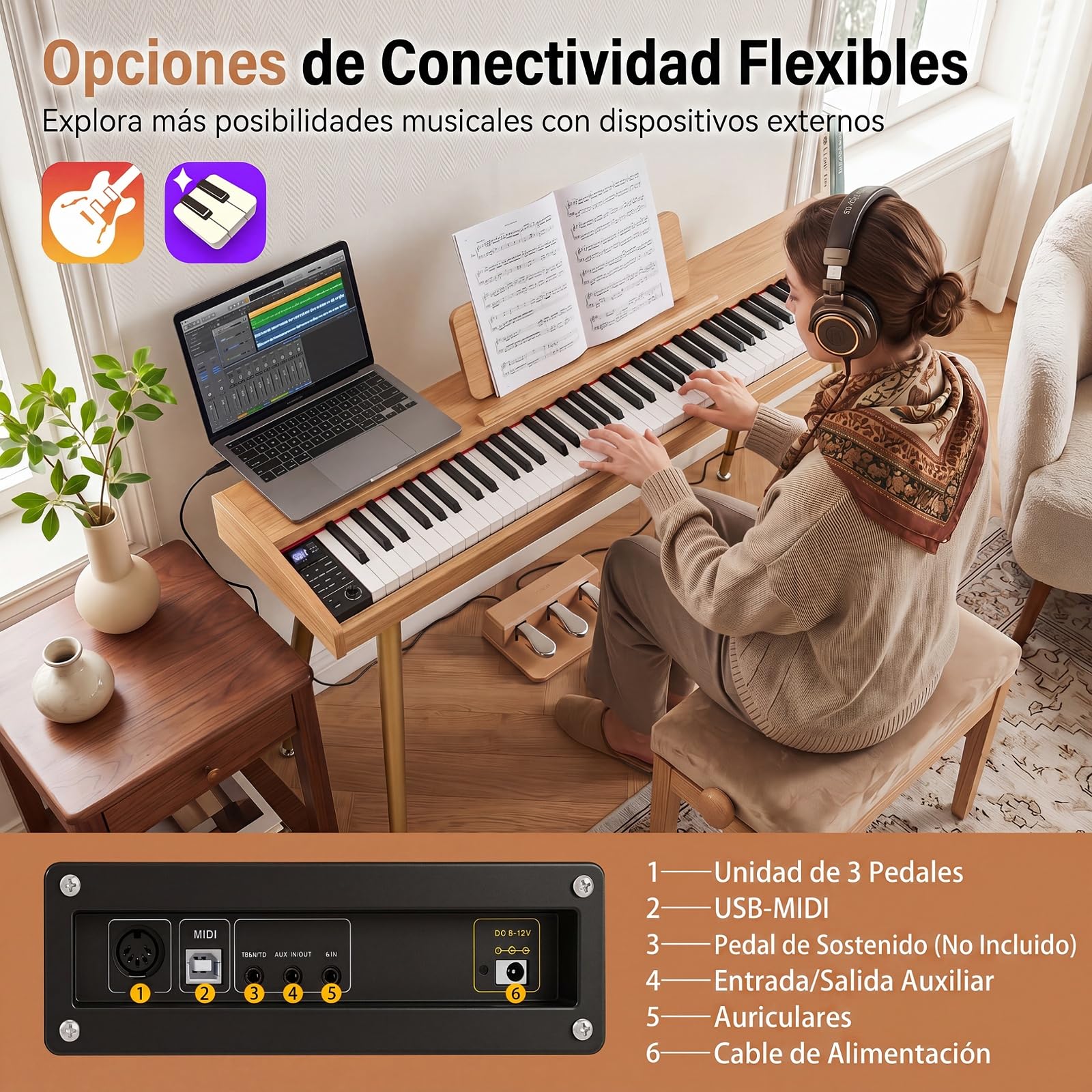 COSTWAY Piano Digital 88 Teclas,Piano Eléctrico Doméstico para Principiante | Teclado Musical Semicontrapesado con Atril, 3 Pedales, 80 Canciones de Demostración, 800 Tonos, 600 Ritmos y MIDI USB