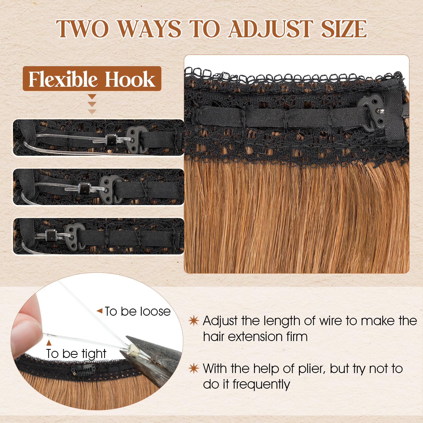 Benehair Wire Hair Extensions Real Human Hair Adjustable #6 Light Brown Secret Wire in Hair Extensions with Clips Straight 18 Inches (65g) - Image 3
