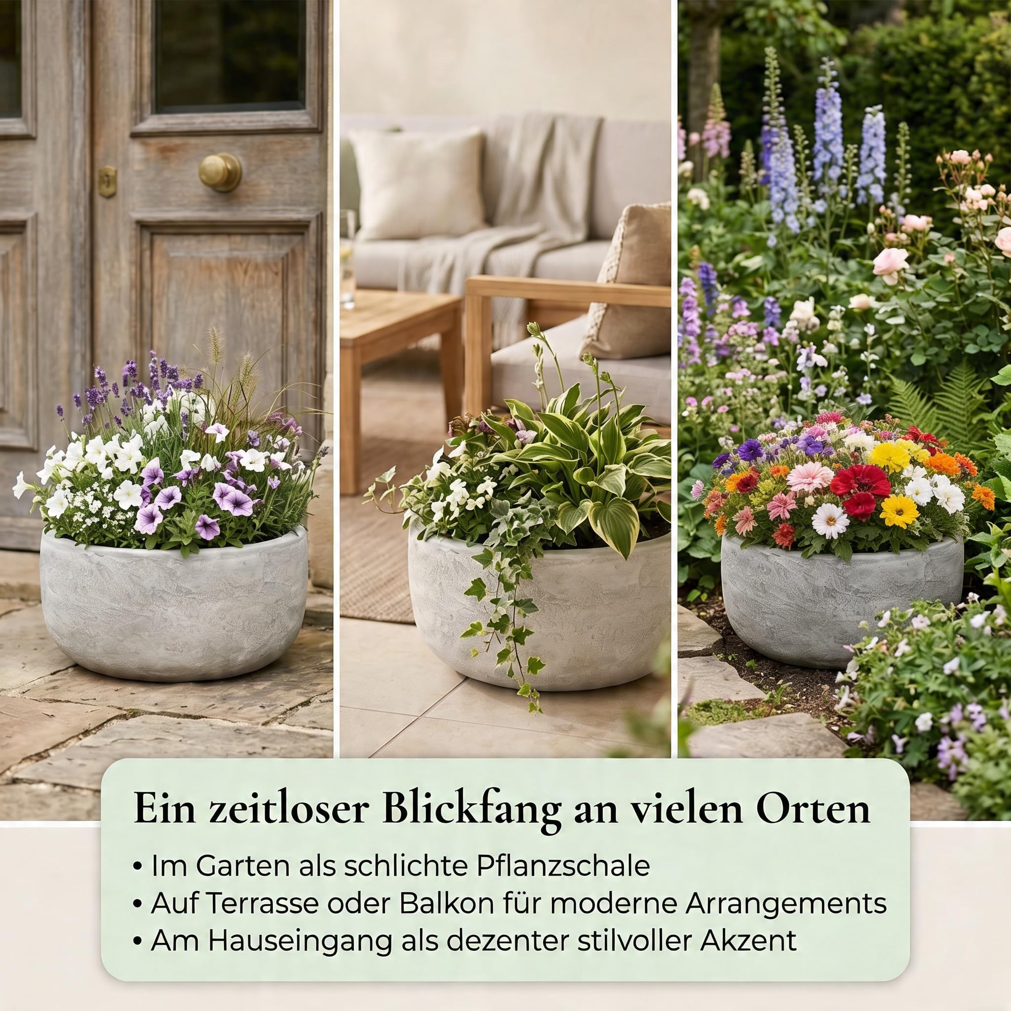 gartendekoparadies.de Bol à Fleurs Solide, Rond, Rustique, Hauteur : 20 cm, Largeur 37 cm, diamètre intérieur 31 cm, 10 litres, Gris, Poids 18 kg, en Pierre moulée résistante au Gel