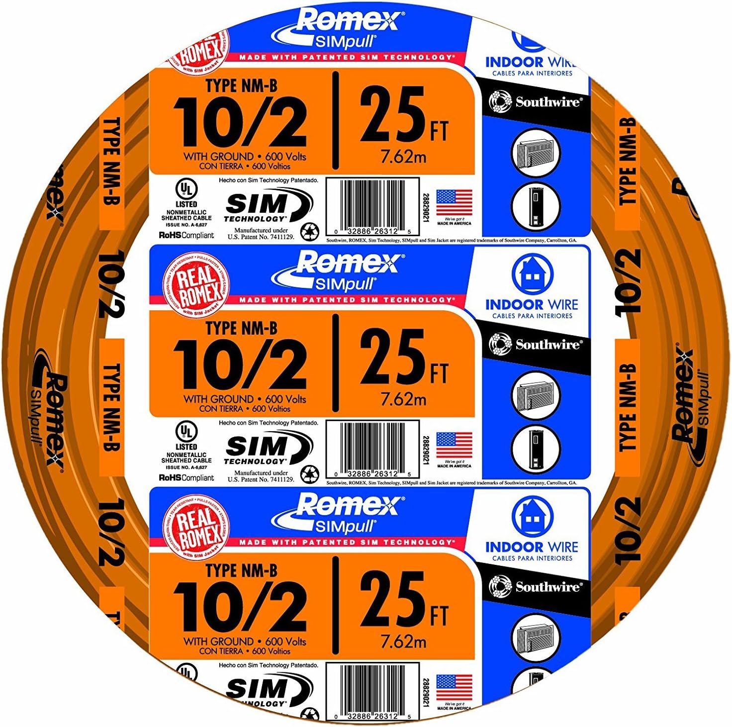 28829021 25' 10/2 with ground Romex brand SIMpull residential indoor electrical wire type NM-B, Orange