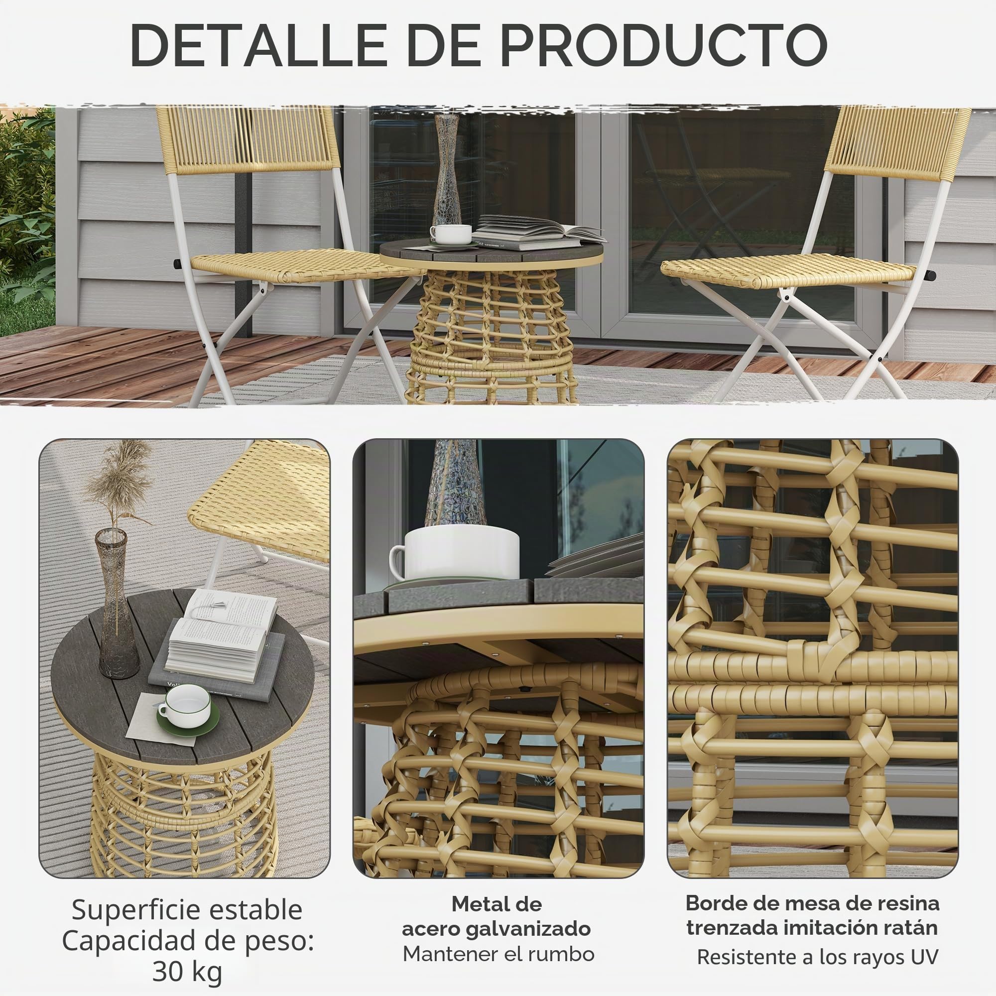 Outsunny - Mesa de centro de jardín (resina, efecto ratán), diámetro 45 x 50 cm, color natural | Mesa auxiliar exterior redonda, metal, bandeja compuesta