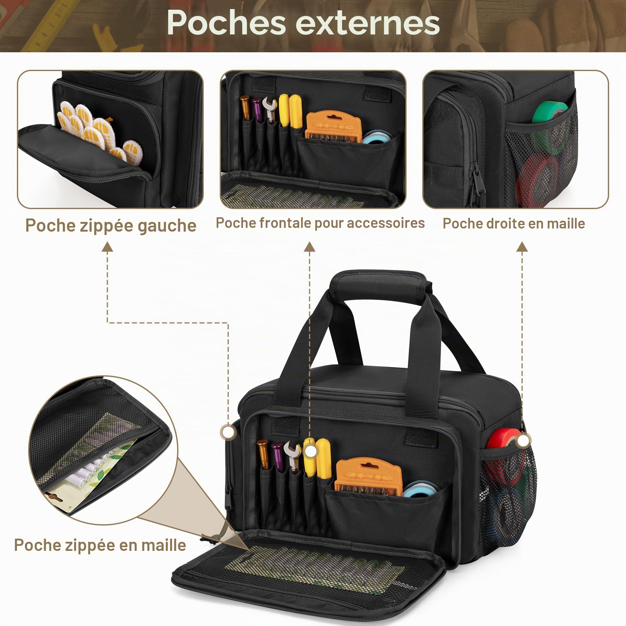 Rexmica 31cm Sac à Outils pour Homme, Organiseur de Rangement d'outils,Noir | Trousse de Transport pour Outils, Sac à Tactique, Sac de Travail pour Réparateur, Électricien, Charpentier