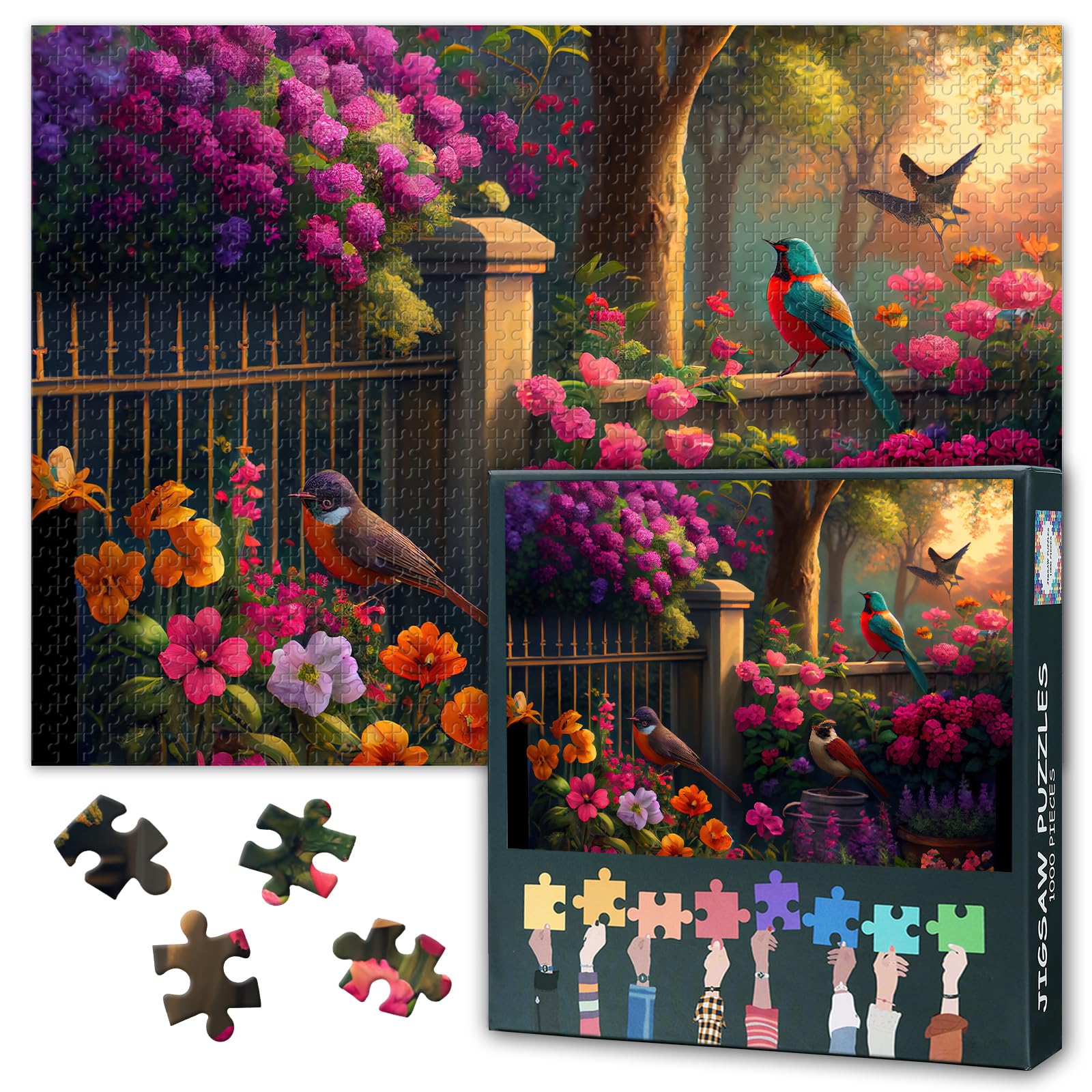 Puzzles for Adults 1000 Pieces, Birds Sitting on a Fence Jigsaw Puzzles, Flowers in Garden Adult Puzzle for Adults, Educational Fun Games or Toys for Elders Friends 20X27 INCH