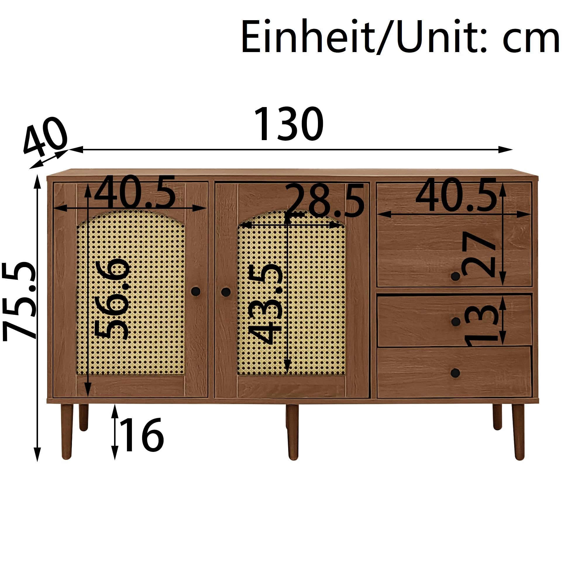 BTM Sideboard mit Rattan Einsatz, 3 Türen und 2 unregelmäßigen Schubladen, Sideboard TV-Schrank für Flur Schlafzimmer Wohnzimmer Esszimmer,Braun,130Lx75Bx40H cm