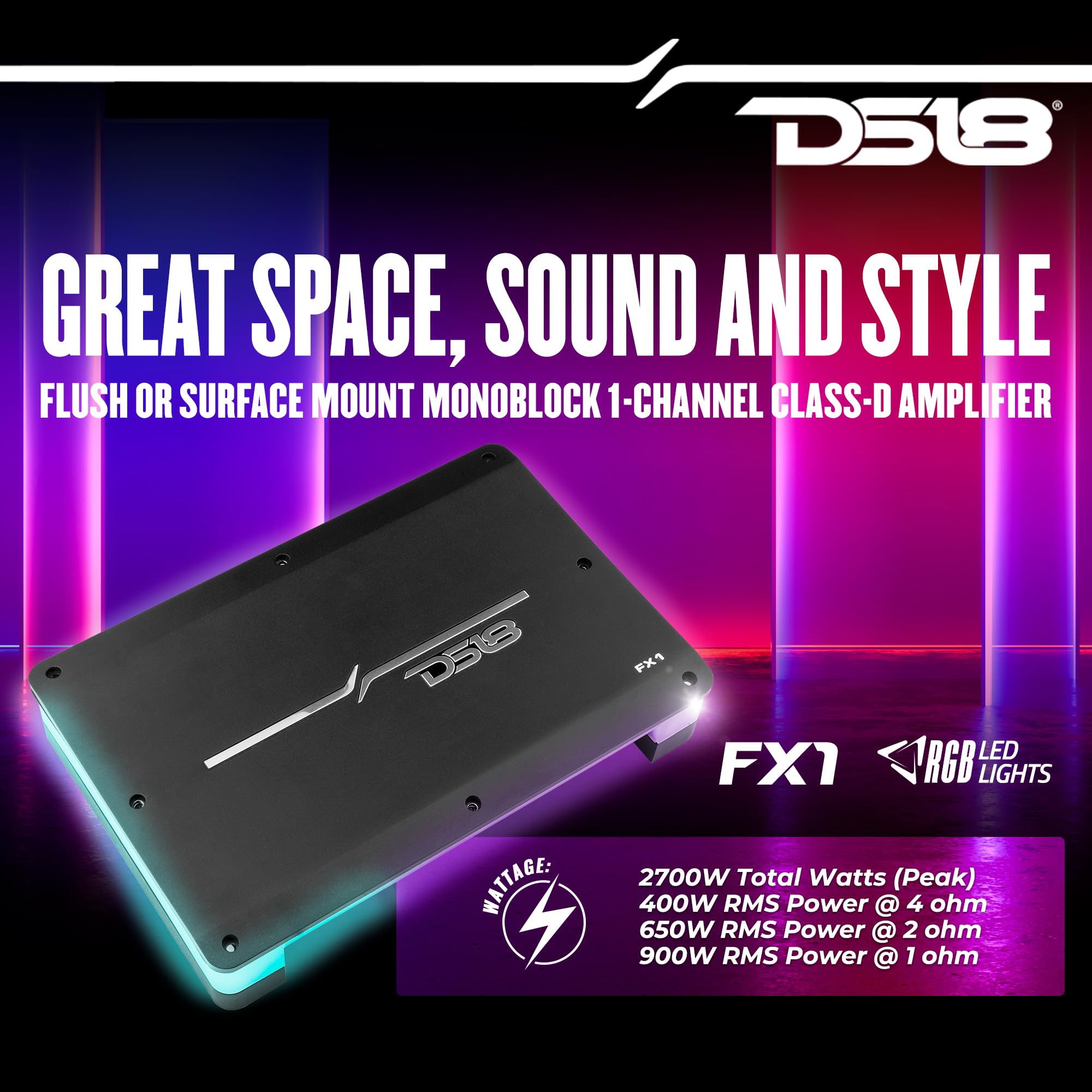 DS18 FX1 Monoblock Class D Amplifier with Flush/Surface Mount with RGB Dream LED Lights - Versatile Installation Options - Remote Subwoofer Level Control - 1 Channel Subwoofer Monoblock Amp 2700W Peak