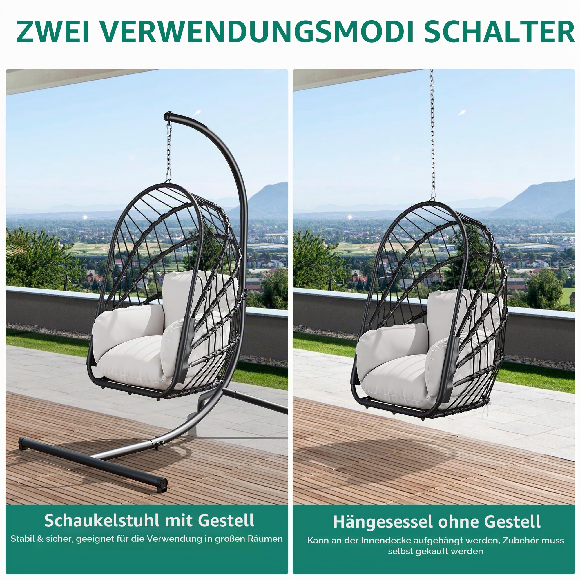 YITAHOME Grau Hängesessel mit Gestell, Rattan-Korb Schaukelstuhl mit strapazierfähiger Polsterung, 160 kg Tragfähigkeit, Garten, Schlafzimmer, Balkon, Outdoor oder Indoor Schaukel Sessel