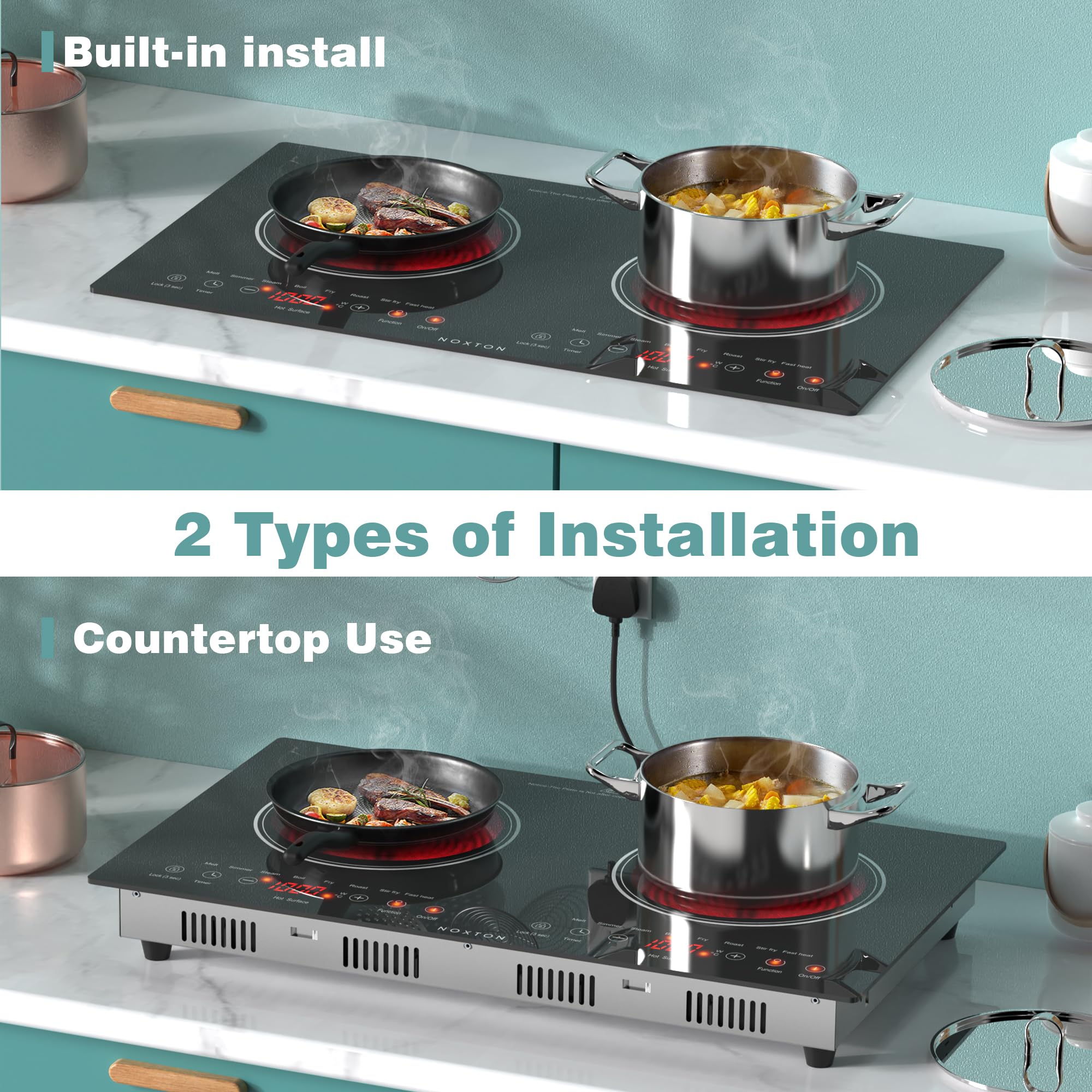 Noxton Double Ceramic Hob, Double Electric Hob Portable 30cm with 4-Hour Timer, 9 Power up to 2800W, Safety Lock, for All Type Pot — view 2