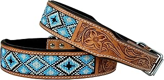 Affilare Leather Dog Collar Western Style Heavy Duty Hand Tooled Adjustable Beaded and Padded Soft for Puppies and Big Dogs 10AB020, Blue White Black Tan, Small (Middle Notch at 15')