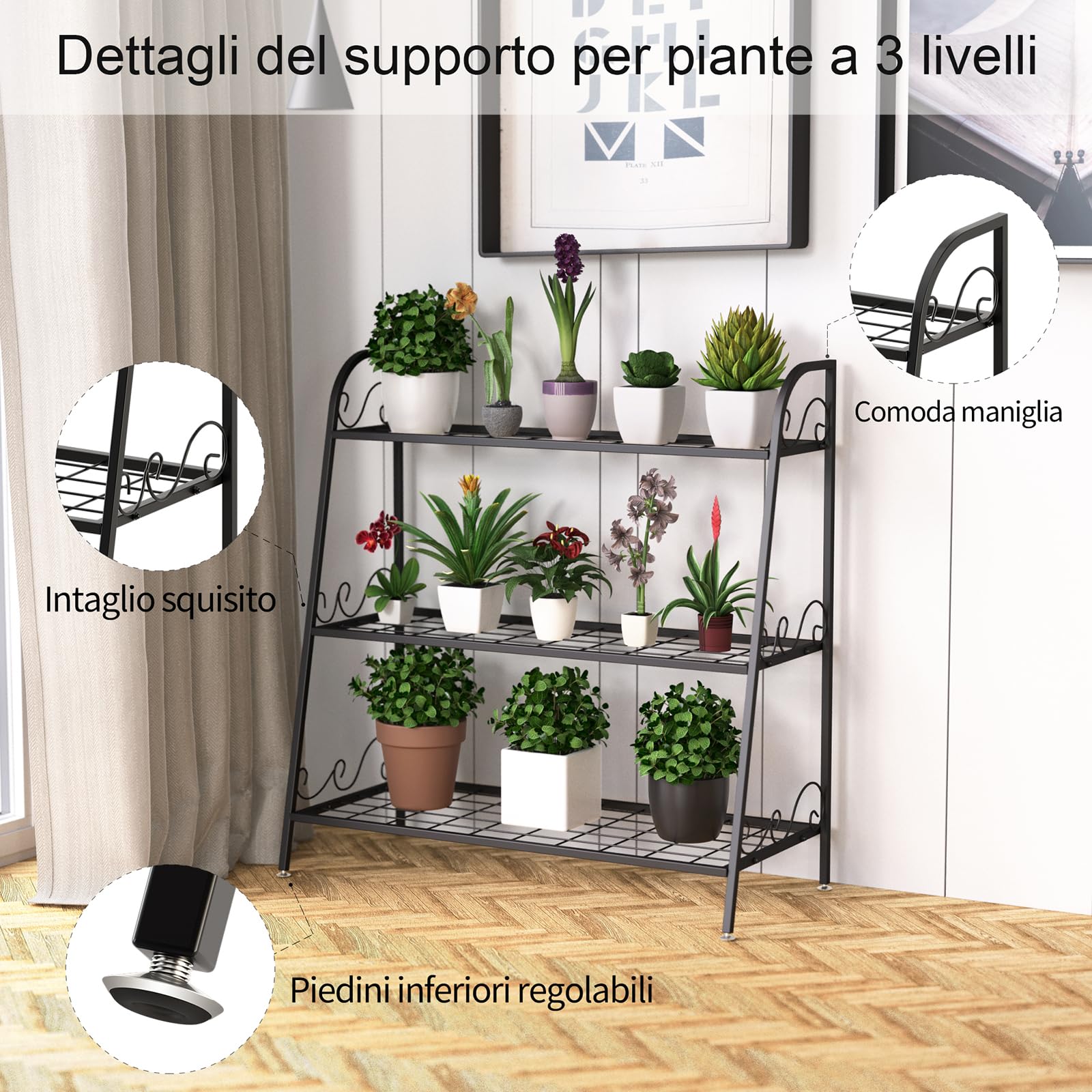 COSTWAY Scaffale Piante da Interno ed Esterno, Porta Fiori di Metallo a 3 Livelli con Piedini Regolabili, Porta Vasi per Giardino, Balcone e Soggiorno, 81 x 35 x 82 cm