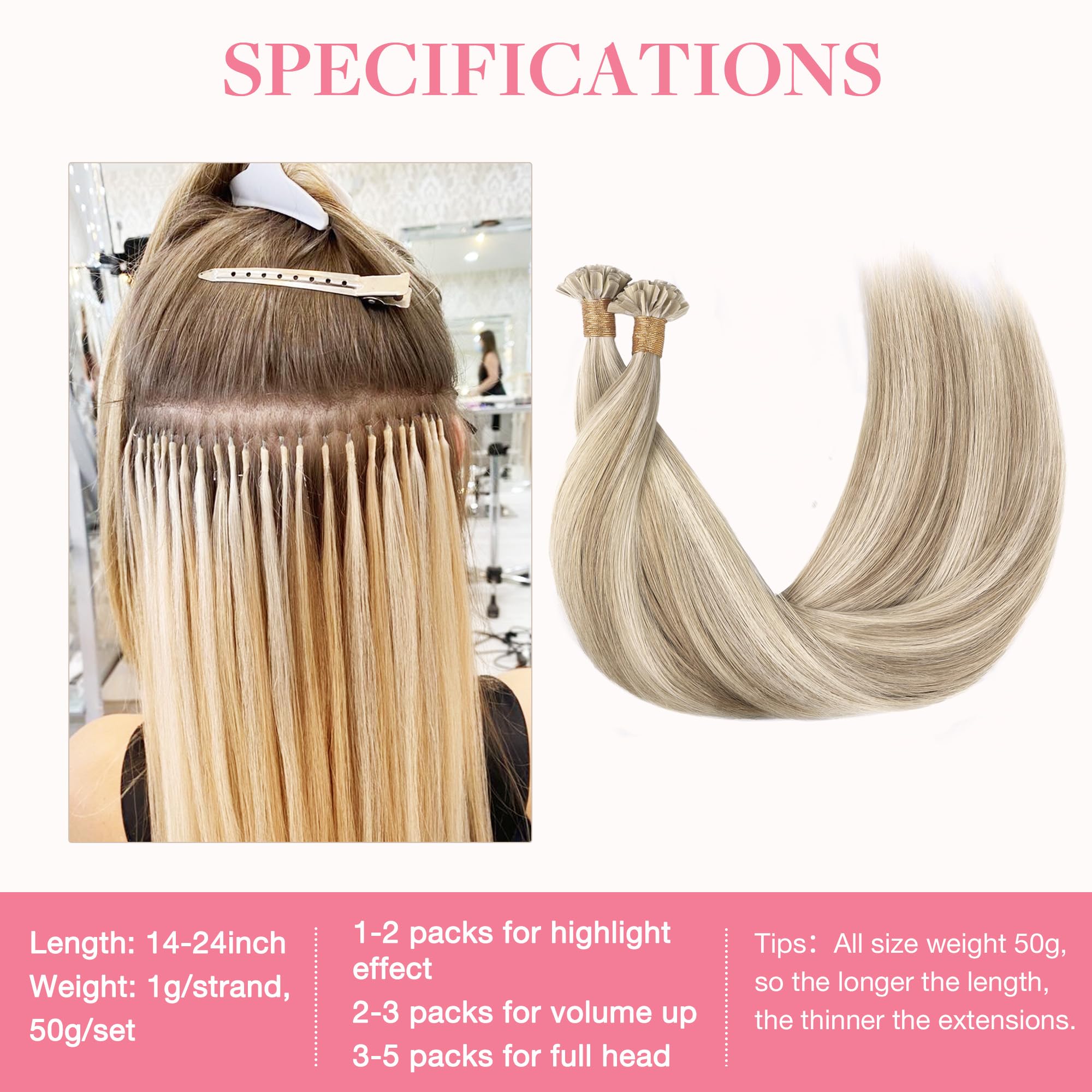 GOO GOO Bonding Extensions Echthaar, Echthaar Extensions Bondings, 50cm 50g 50 Strähnen Extensions Echthaar Bondings, U Tip Hot Fusion Keratin Haarverlängerung Echthaar, 18A/613A Golden Hellblond