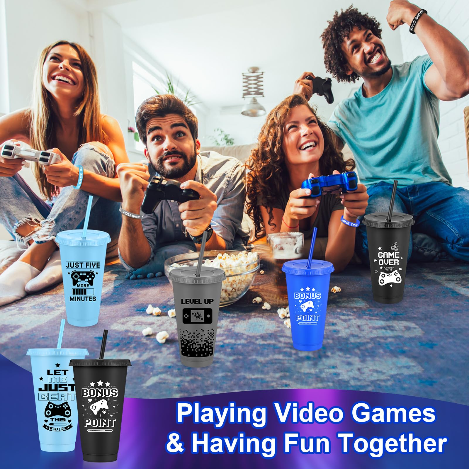 Jingmore Juego de 24/48 piezas de recuerdos de fiesta de videojuegos incluye vasos de plástico de videojuegos de 24 onzas con tapas y pajitas y pulseras de silicona, vasos de plástico reutilizables