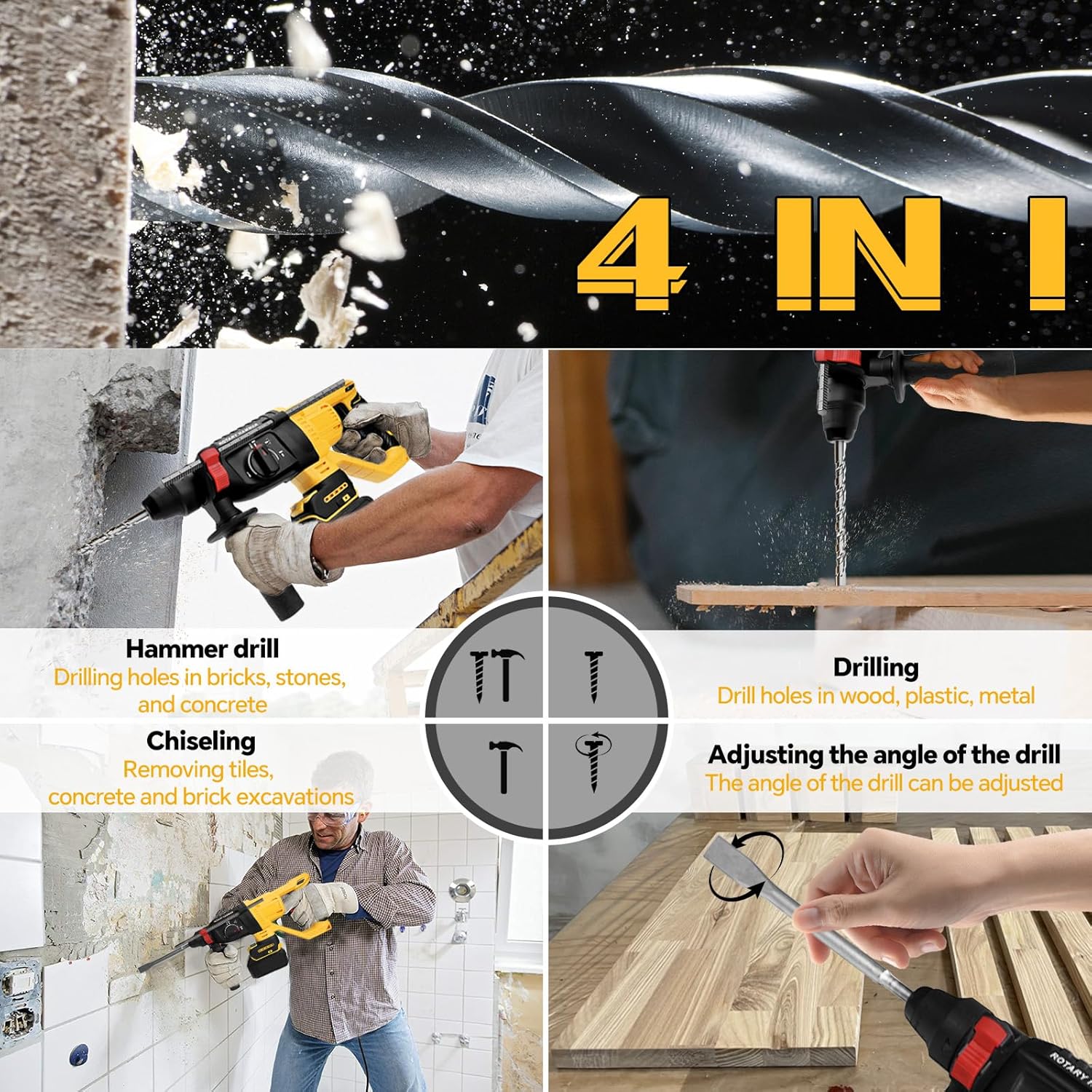 Cordless Rotary Hammer Drill for Dewalt 20V Battery, Brushless SDS-Plus 3 Joules Hammer Drill with 4 Modes, 360°Auxiliary Handle and 5 Drill Bits for Concrete/Masonry(Tool Only)