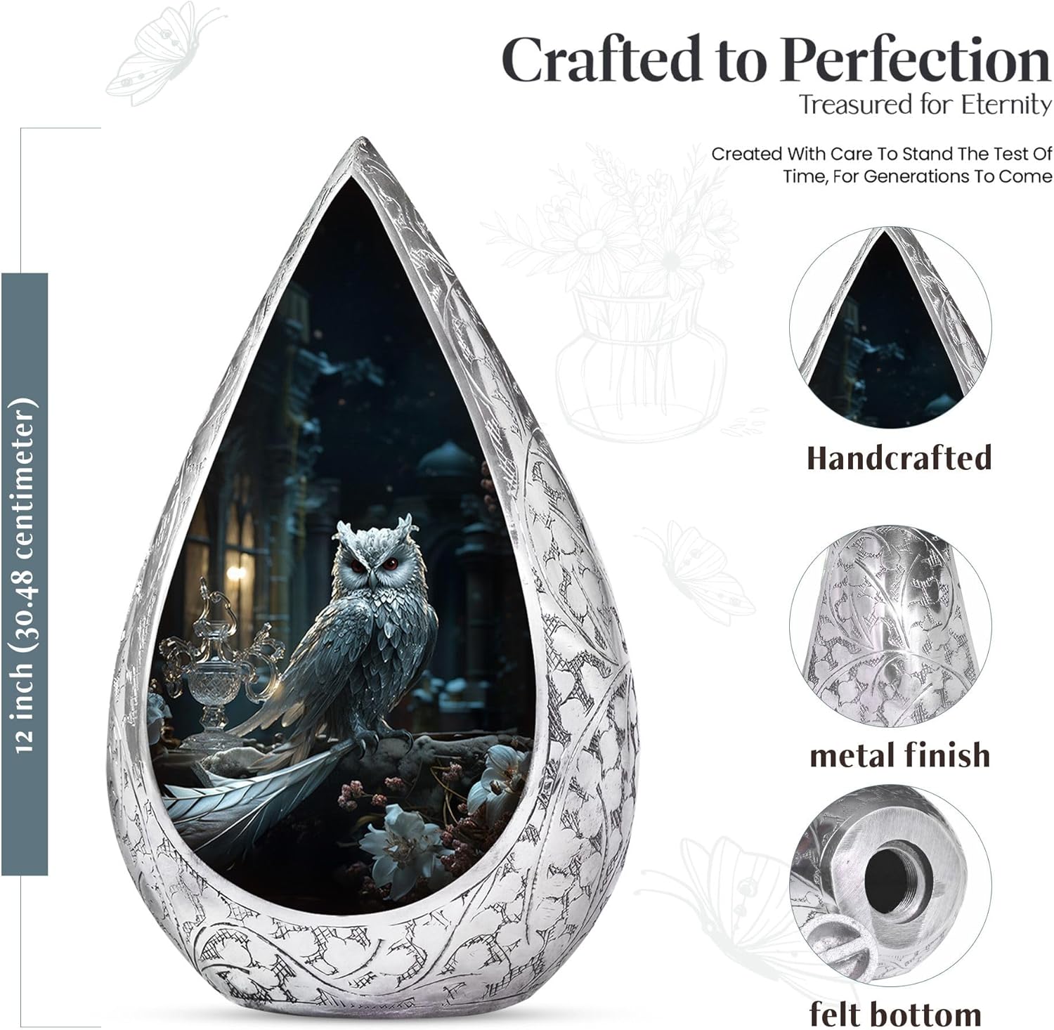 White Owl Elegant Adult Urns for Human Ashes Women and Men - White Flowers Cremation Urns for Women - Snowy Blue Large Drop Ashes Holder 10 Inch - Funeral Gift for Mom and Dad