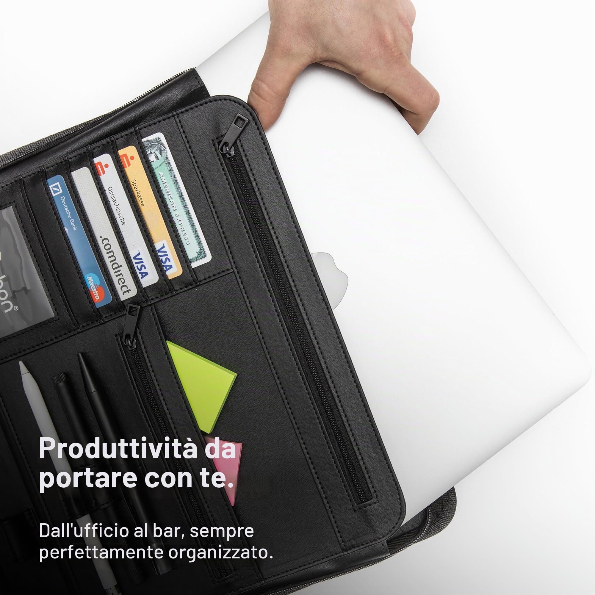 Vebon® Cartella portadocumenti formato A4, grande, New York, in pelle vegana, chiusura lampo, portablocco e tasca per laptop, spazio extra, blu