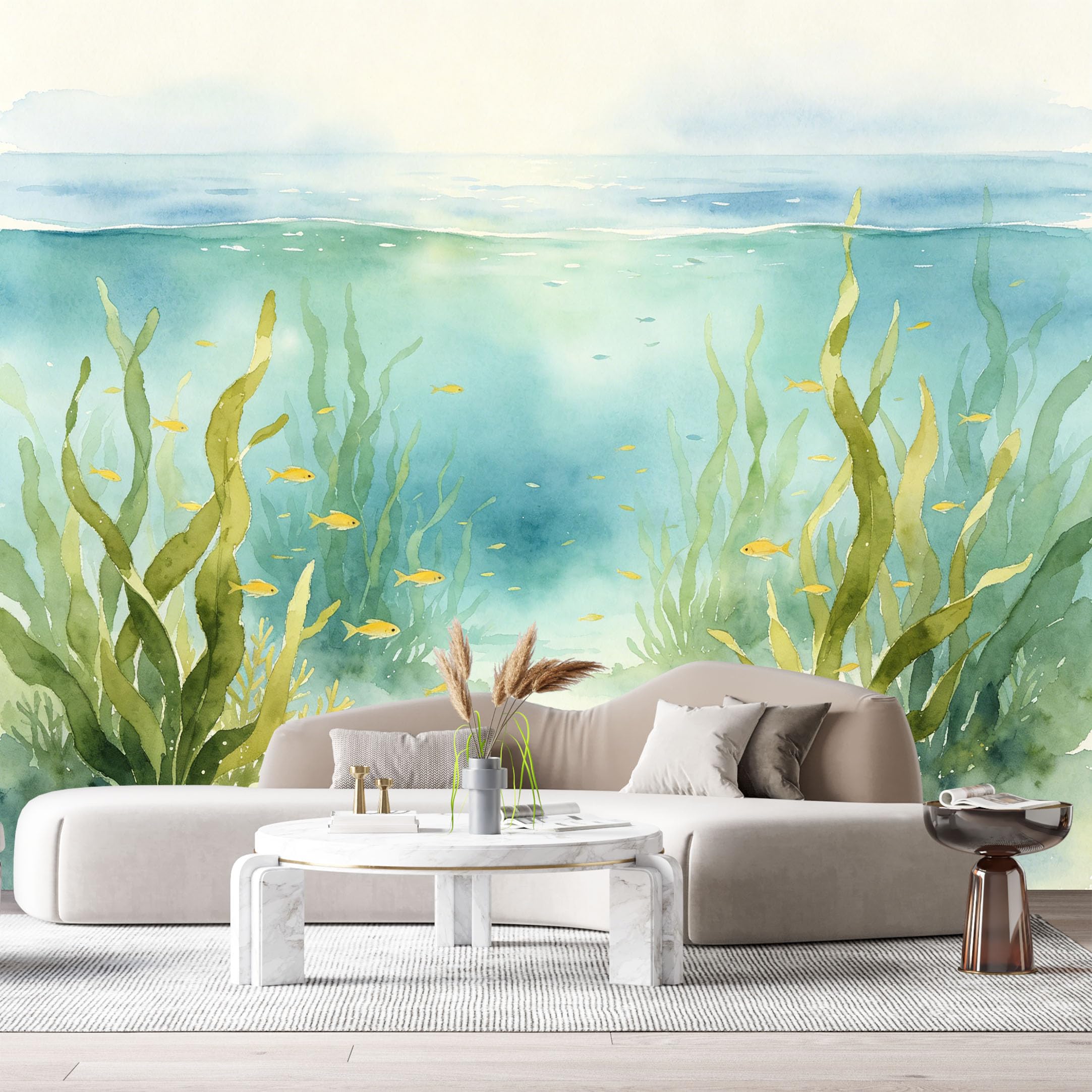 Custom Size Wall Murals Ocean Marine Watercolor Underwater Kelp Seashells SelfAdhesiveWall Fabric Removable Wallpaper Wall Decor for Living Room Bedroom Bathroom