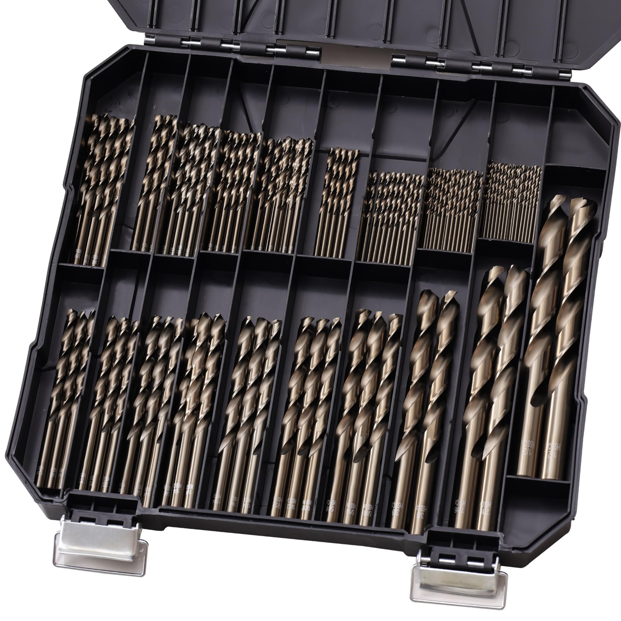 Juego de brocas de cobalto para metal endurecido y acero inoxidable, 122 brocas M35 de acero de alta velocidad de 1/16 a 1/2 pulgadas, con caja de almacenamiento de índice de plástico