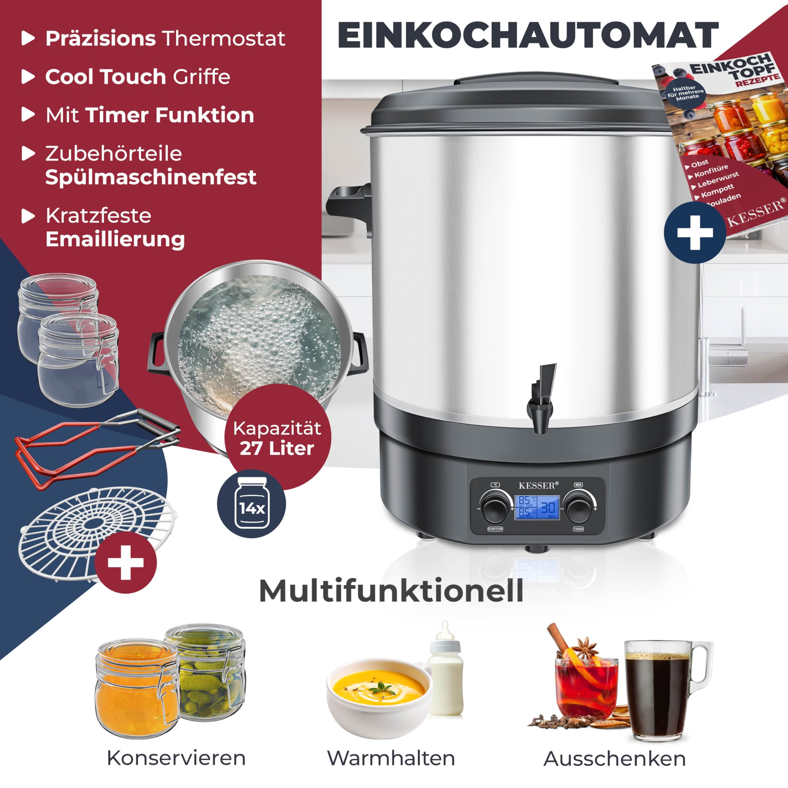 KESSER Einkochautomat 27 Liter Glühweinkocher Glühweinkessel mit Timer 2000 Watt Temperatur von 30-100°C Zeituhr bis 120 Minuten und Dauerbetrieb Abschaltautomatik Einkochvollautomat 2 Gläser & Zange