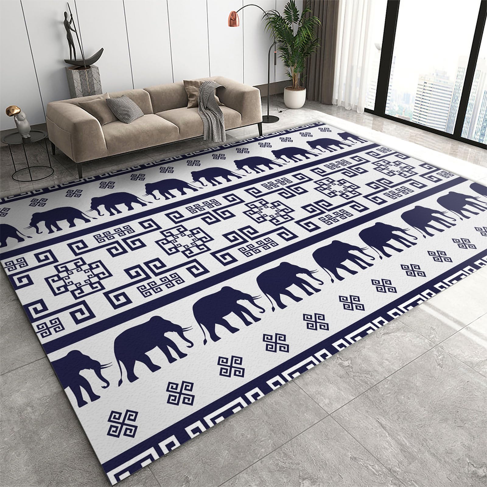 QDJKBL African Elephant Vintage Bohemian Area Rugs, Modern Ethnic Curved Geometric Lines Low Pile Rug, Area Carpet Easy Cleaning With Backing for Kids Room Hallways 70 x 140 cm