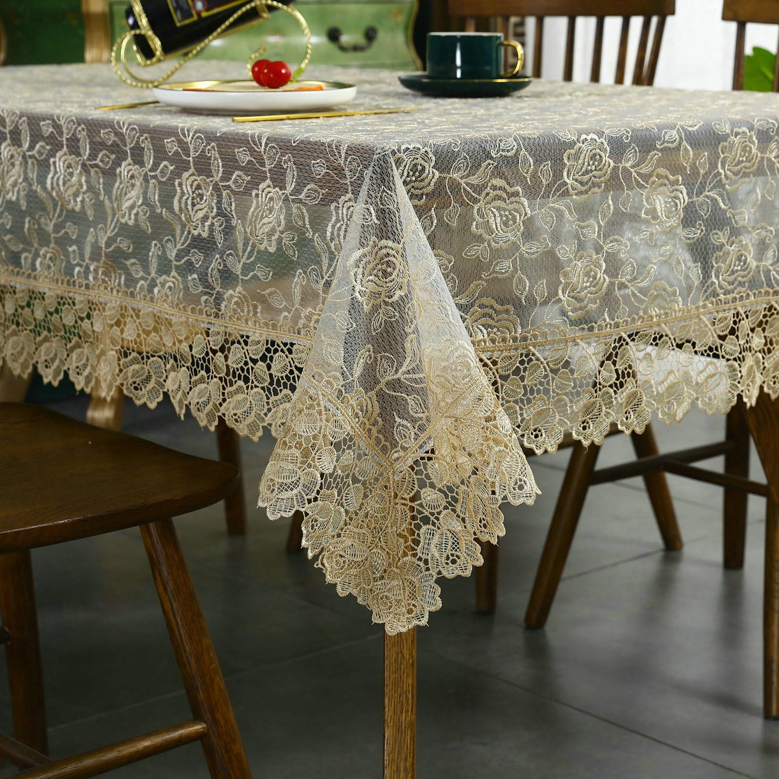 Tischdecke 130x130 cm, Blume Spitze Stickerei Polyester, Beige